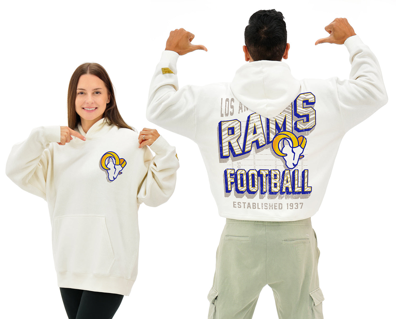 Zubaz NFL UNISEX 90s Vintage Shadow Drop Shoulder Hoodie- Off White, LOS ANGELES RAMS