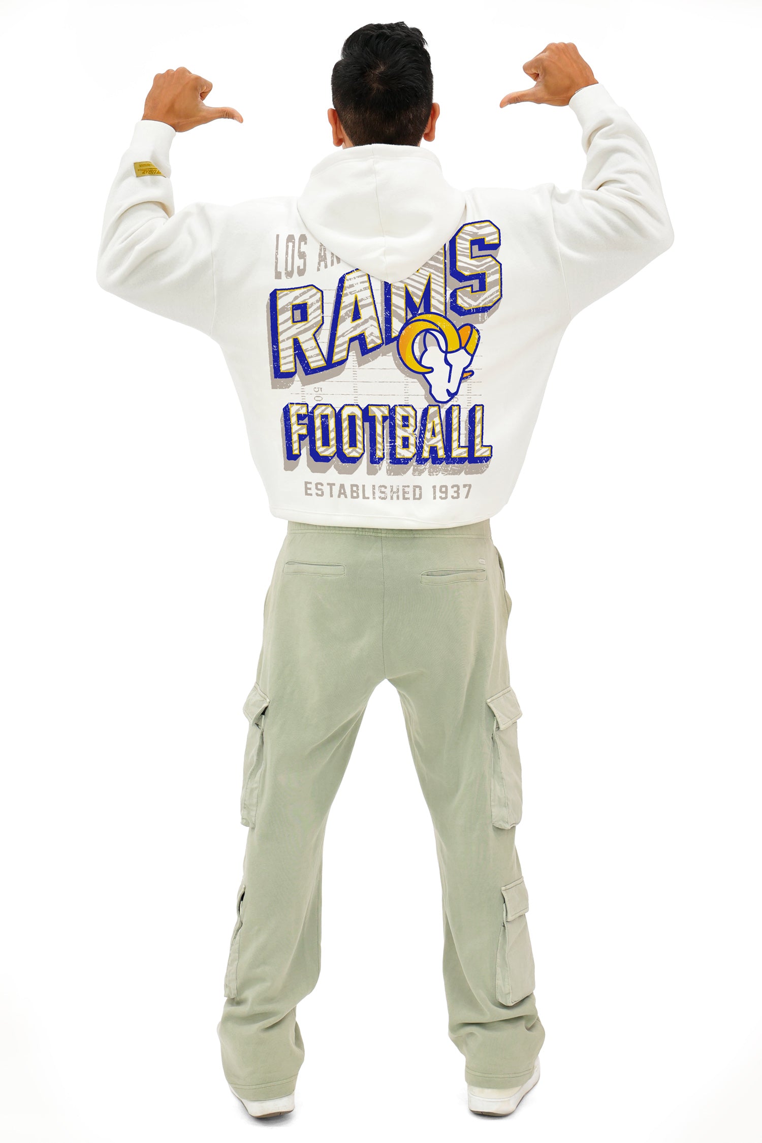 Zubaz NFL UNISEX 90s Vintage Shadow Drop Shoulder Hoodie- Off White, LOS ANGELES RAMS