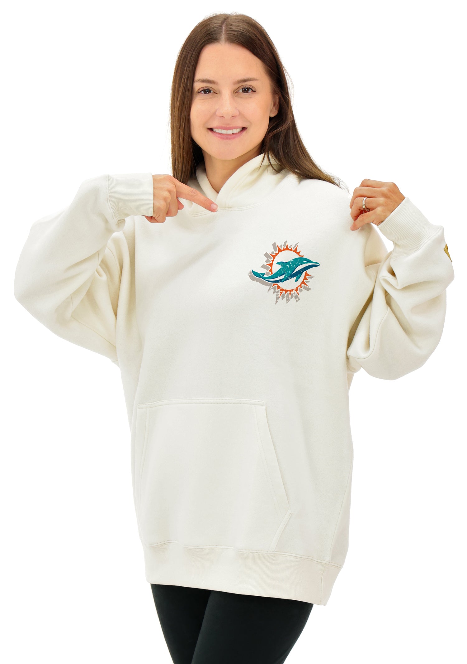 Zubaz NFL UNISEX 90s Vintage First Down Drop Shoulder Hoodie- Off White, MIAMI DOLPHINS - Official NFL Dolphins Zubaz Appare