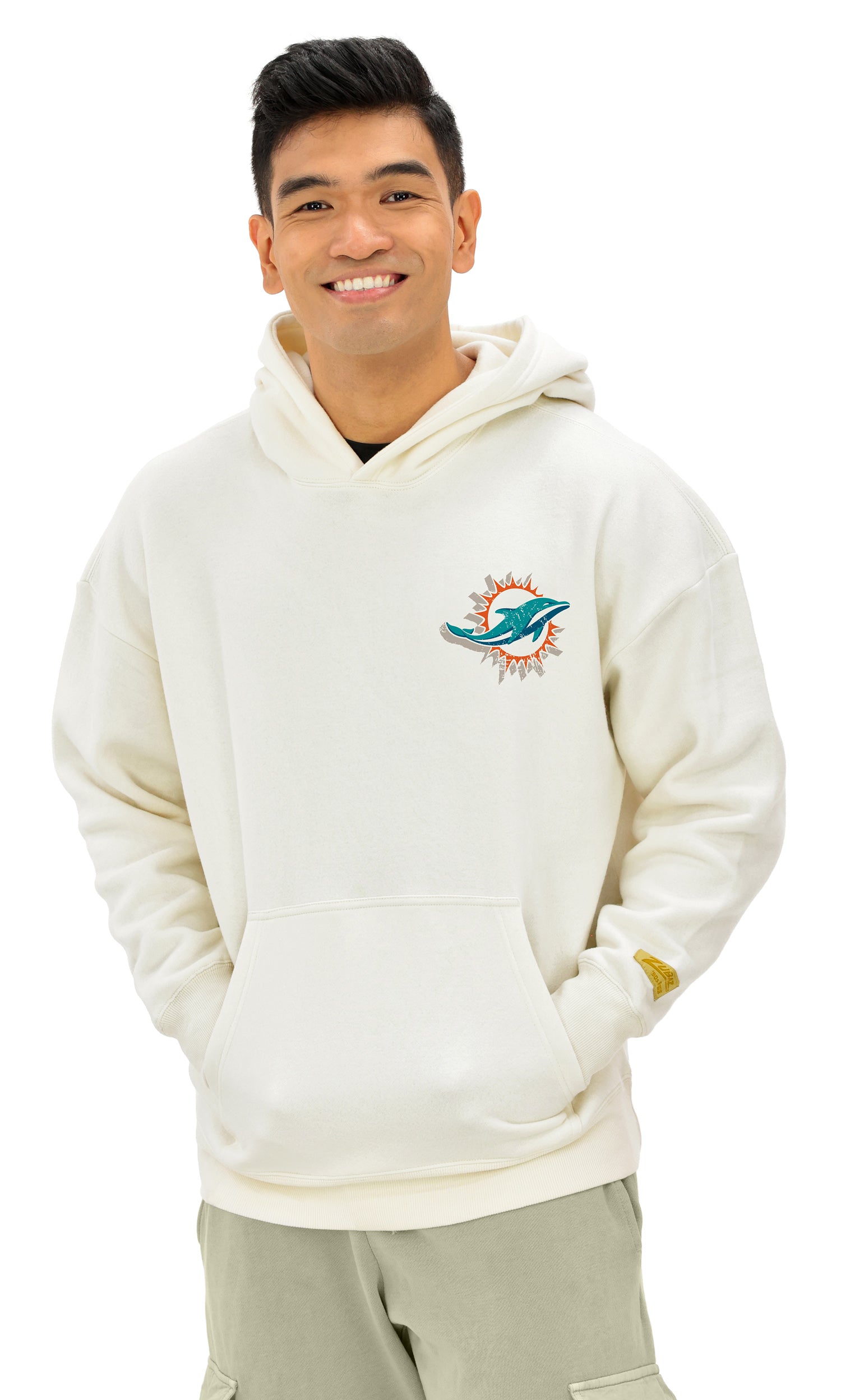 Zubaz NFL UNISEX 90s Vintage First Down Drop Shoulder Hoodie- Off White, MIAMI DOLPHINS - Official NFL Dolphins Zubaz Appare