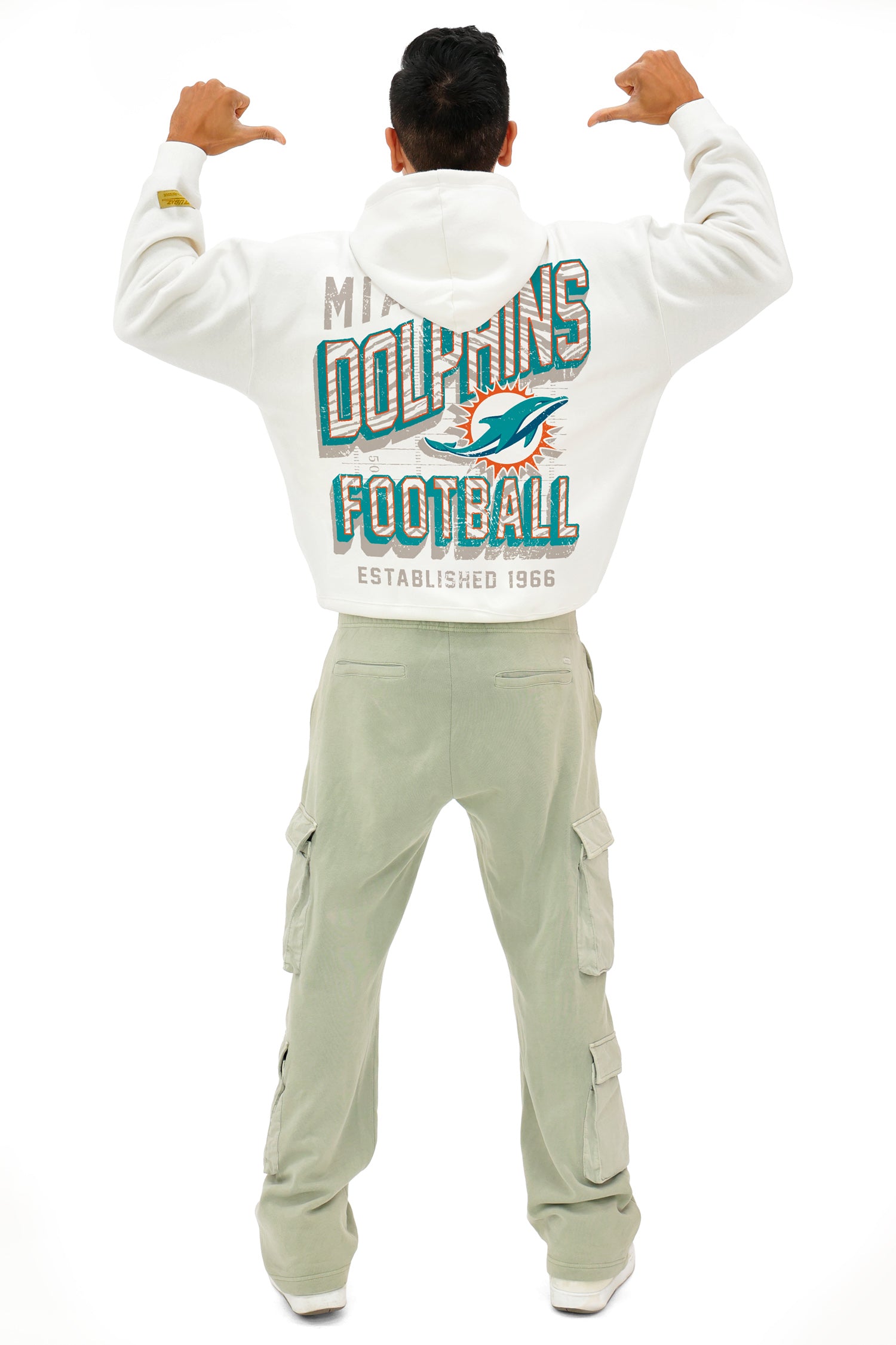 Zubaz NFL UNISEX 90s Vintage First Down Drop Shoulder Hoodie- Off White, MIAMI DOLPHINS - Official NFL Dolphins Zubaz Appare