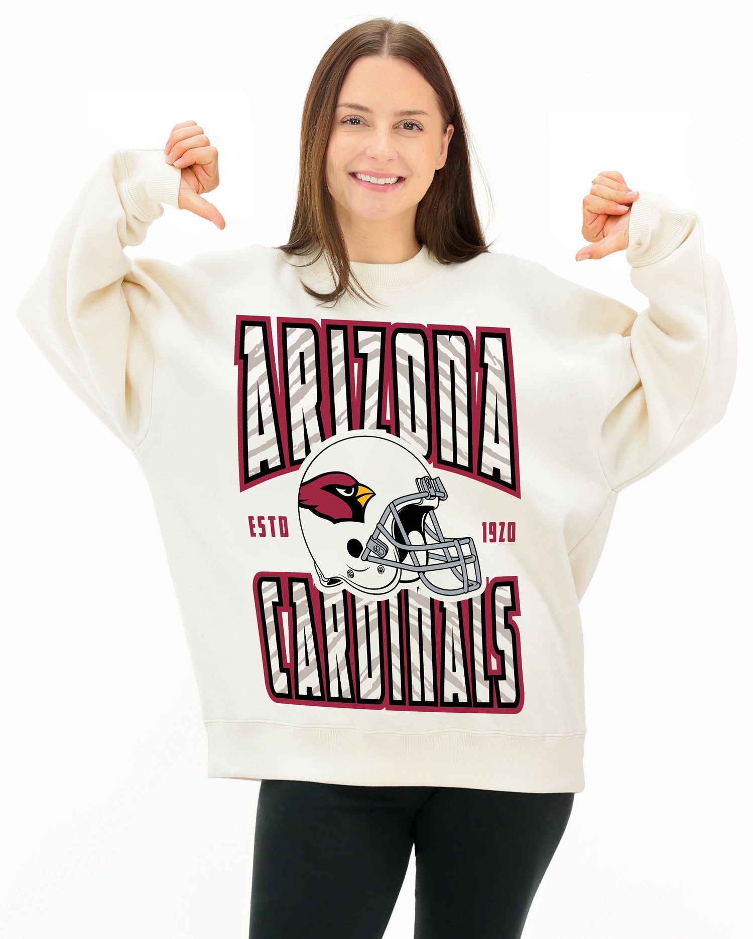 Zubaz NFL UNISEX 90s Helmet Drop Shoulder Crewneck -Off White, ARIZONA CARDINALS