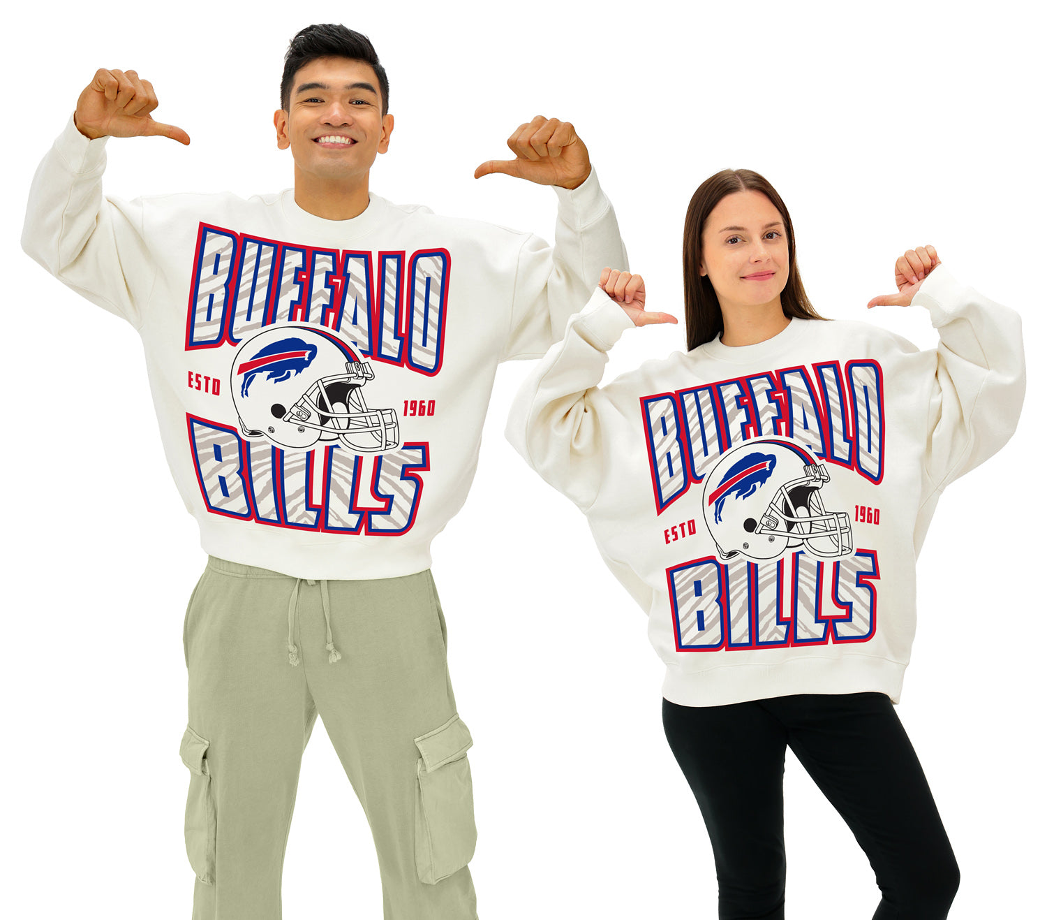 Zubaz NFL UNISEX 90s Helmet Drop Shoulder Crewneck -Off White, BUFFALO BILLS