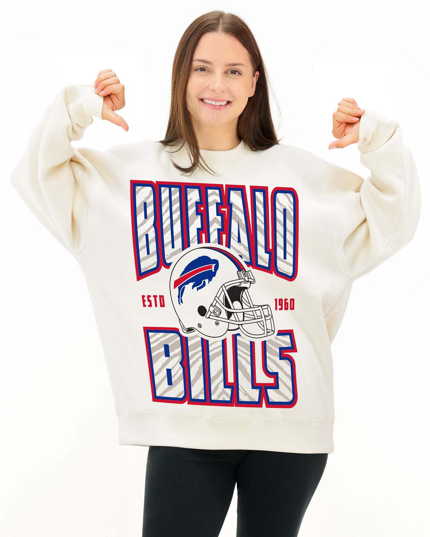 Zubaz NFL UNISEX 90s Helmet Drop Shoulder Crewneck -Off White, BUFFALO BILLS