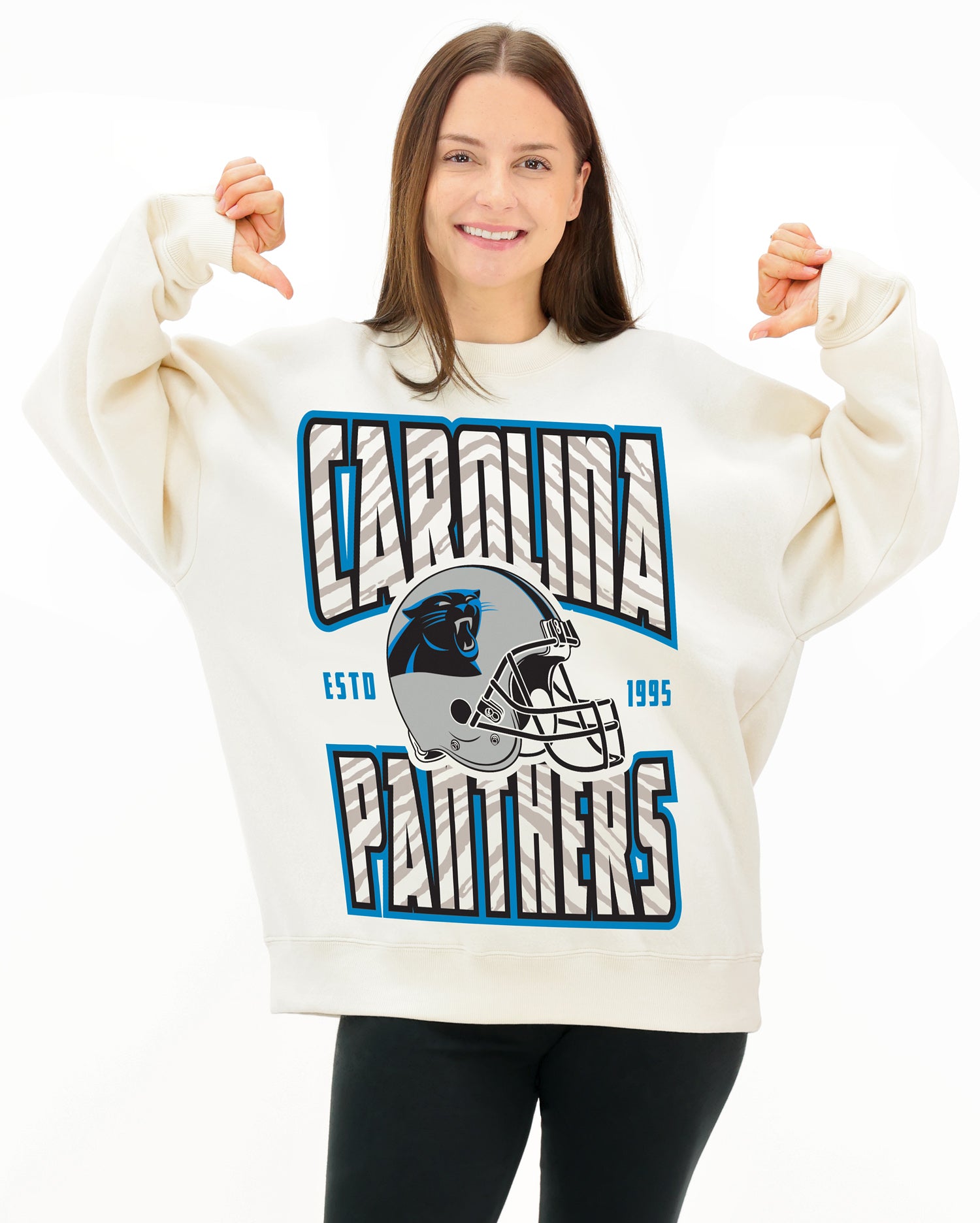 Zubaz NFL UNISEX 90s Helmet Drop Shoulder Crewneck -Off White, CAROLINA PANTHERS
