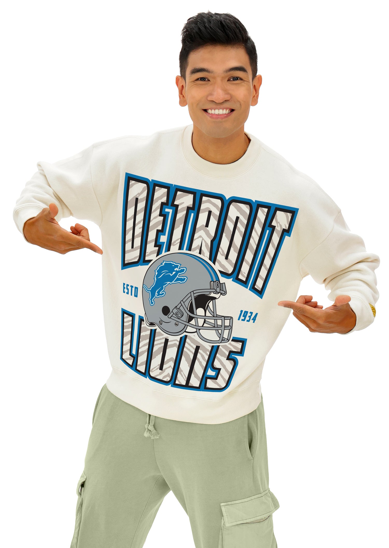 Zubaz NFL UNISEX 90s Helmet Drop Shoulder Crewneck -Off White, DETROIT LIONS