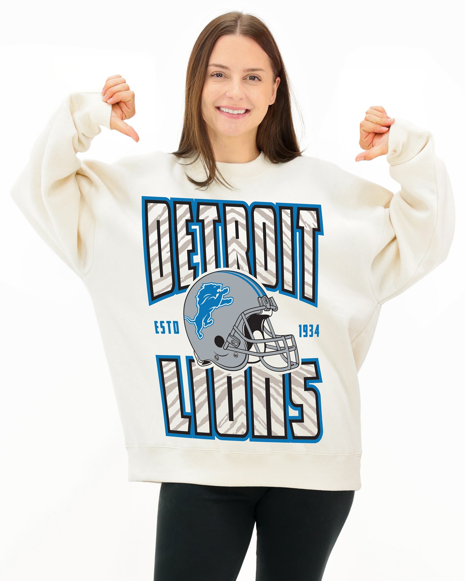 Zubaz NFL UNISEX 90s Helmet Drop Shoulder Crewneck -Off White, DETROIT LIONS
