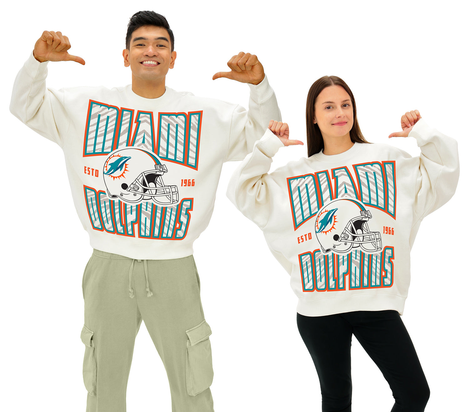 Zubaz NFL UNISEX 90s Helmet Drop Shoulder Crewneck -Off White, MIAMI DOLPHINS