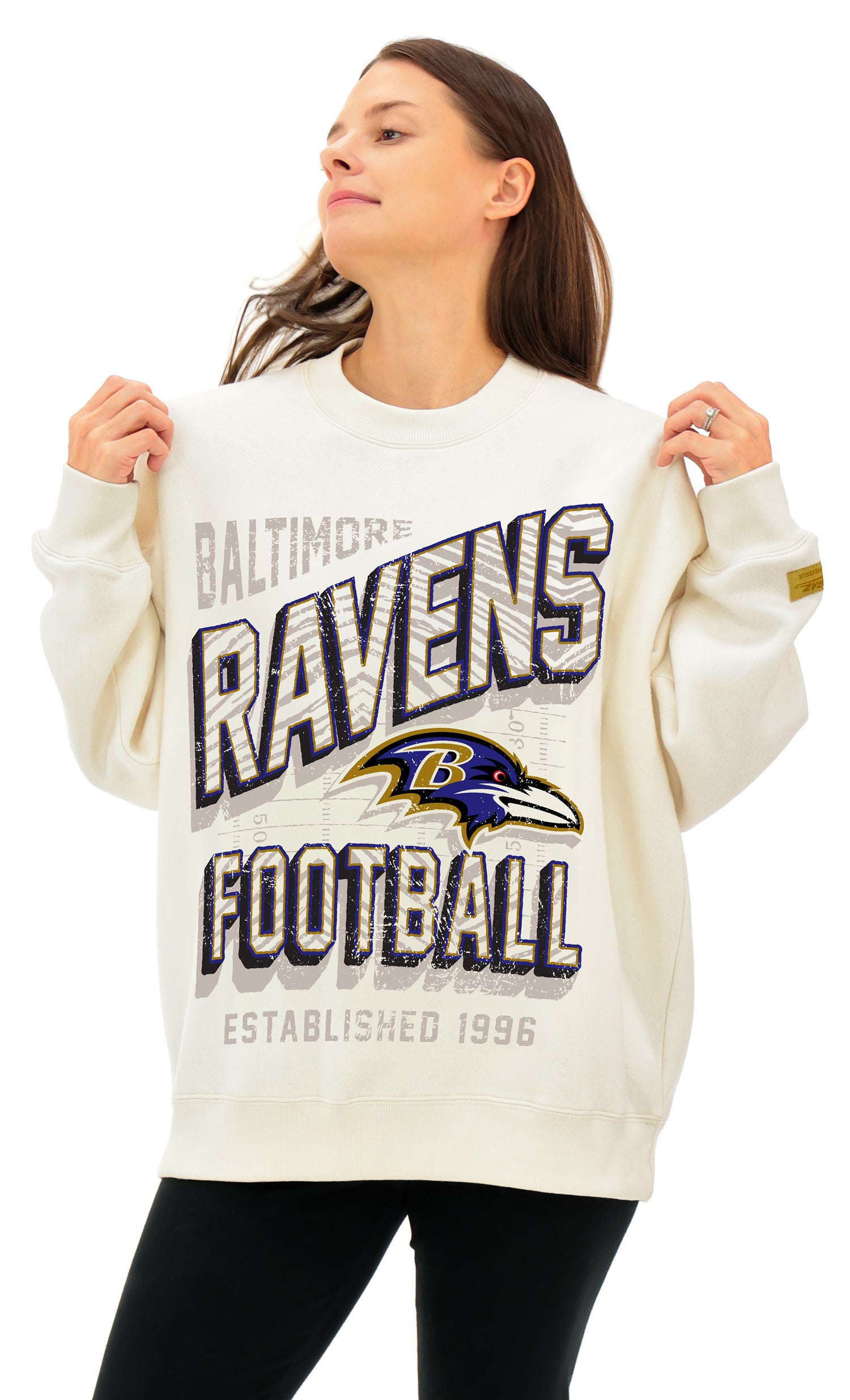 Zubaz NFL UNISEX 90s Vintage First Down Drop Shoulder Crewneck- Off White, BALTIMORE RAVENS - Official NFL Ravens Zubaz Appa