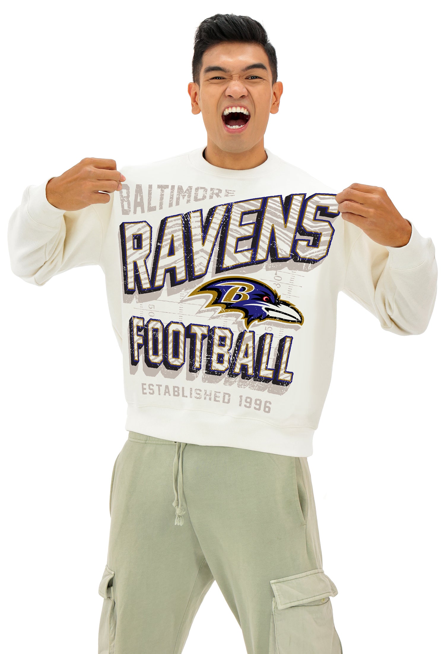Zubaz NFL UNISEX 90s Vintage First Down Drop Shoulder Crewneck- Off White, BALTIMORE RAVENS - Official NFL Ravens Zubaz Appa