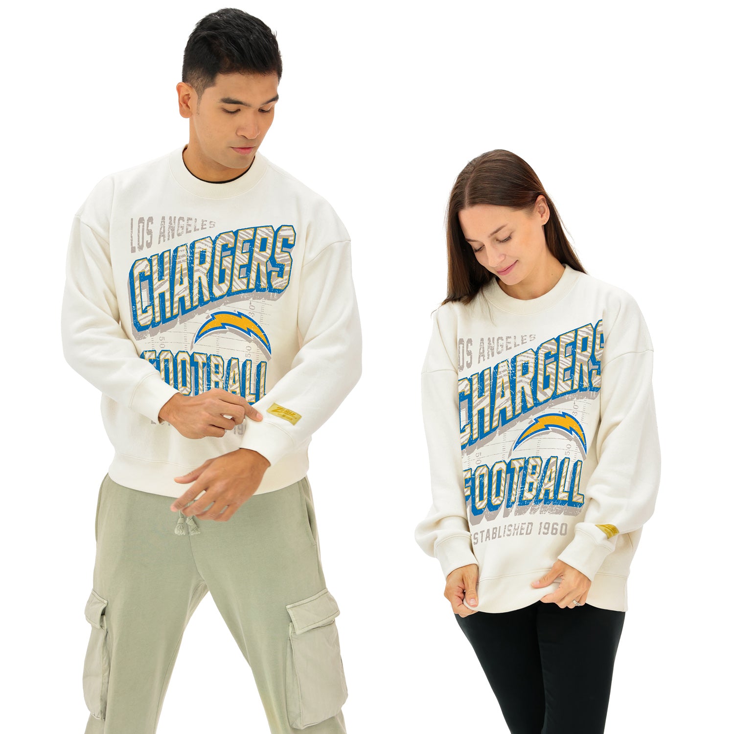 Zubaz NFL UNISEX 90s Vintage Shadow Drop Shoulder Crewneck- Off White, LOS ANGELES CHARGERS