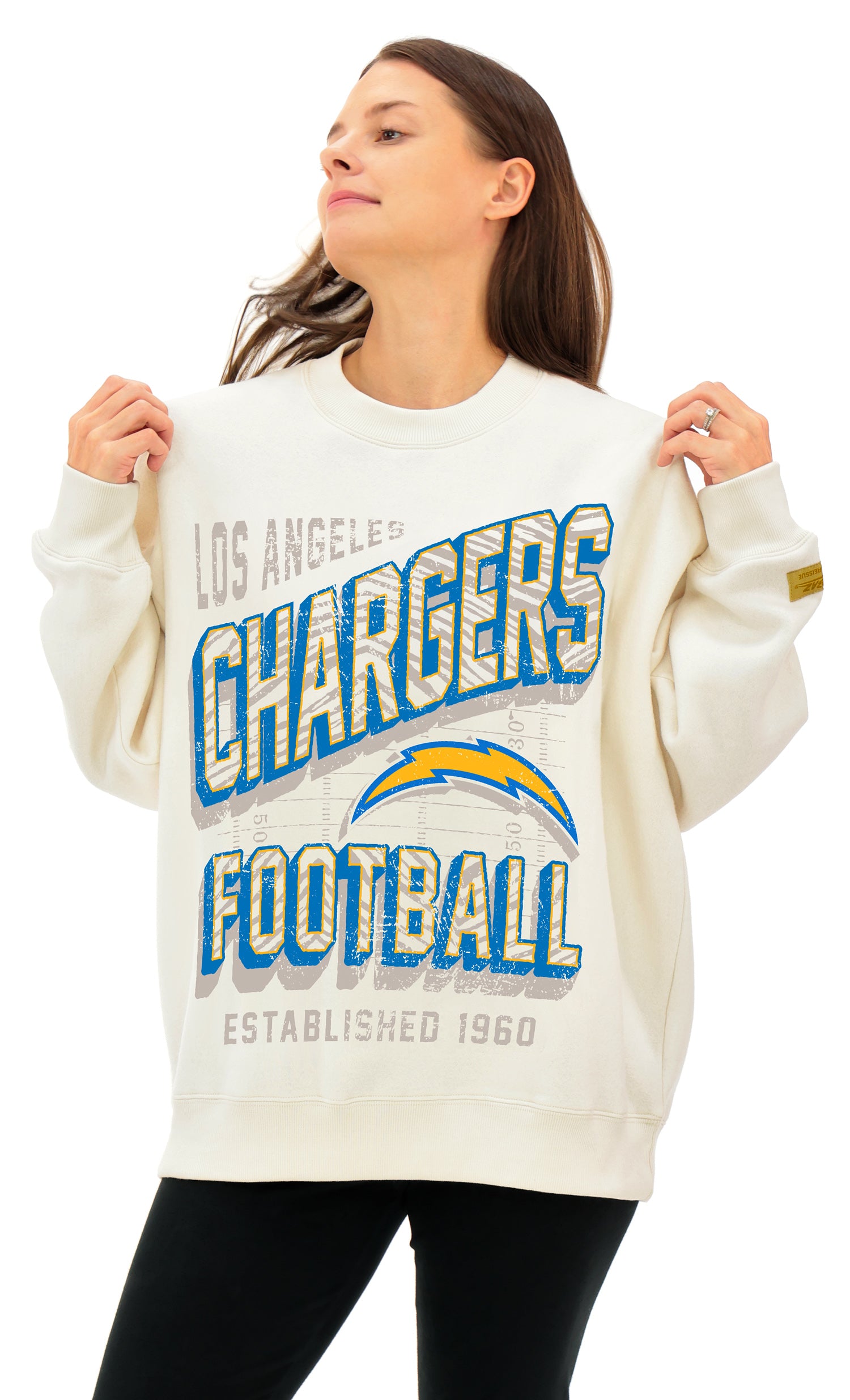 Zubaz NFL UNISEX 90s Vintage First Down Drop Shoulder Crewneck- Off White, LOS ANGELES CHARGERS