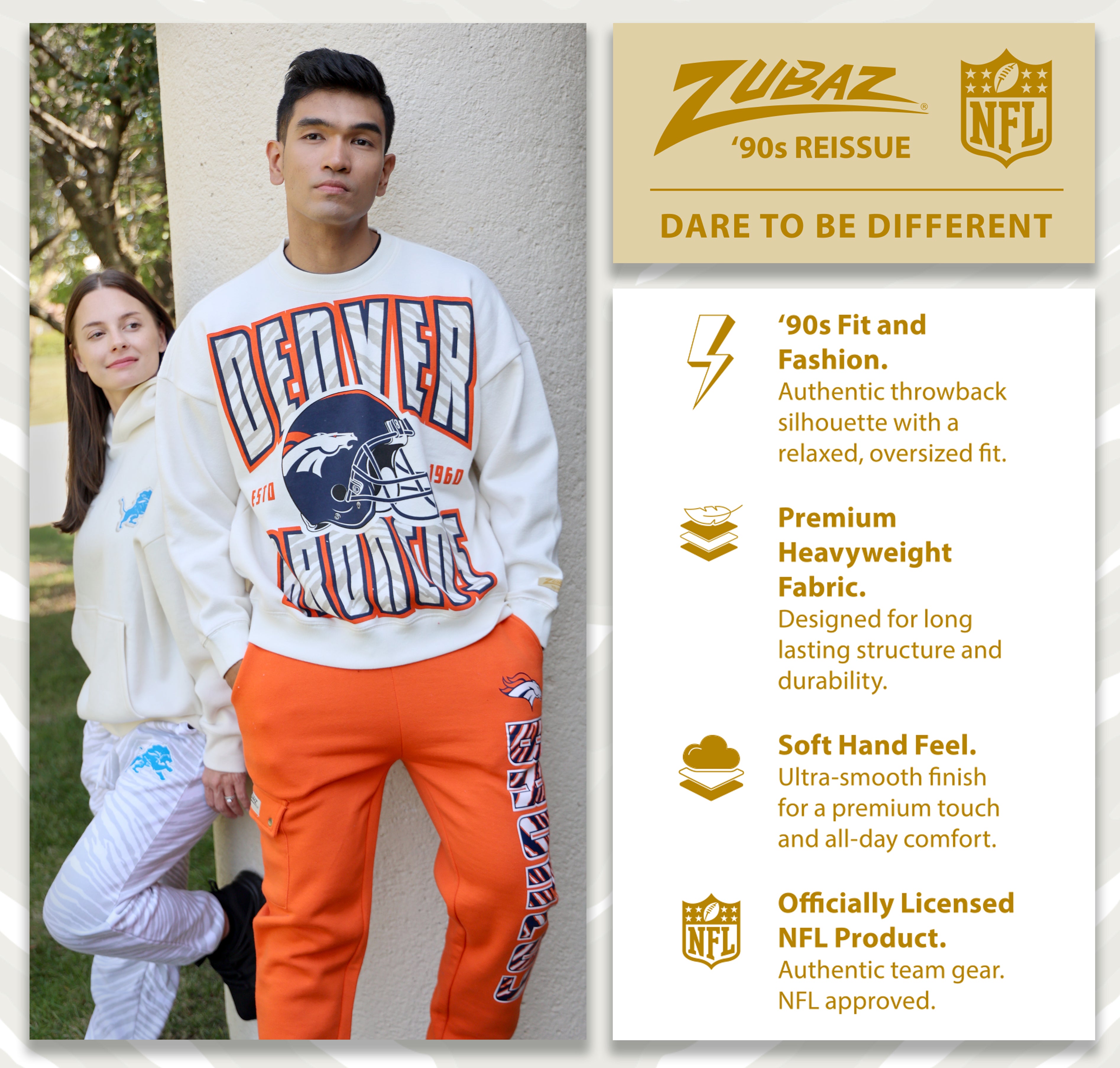 Zubaz NFL UNISEX 90s Vintage First Down Drop Shoulder Hoodie- Off White, DENVER BRONCOS