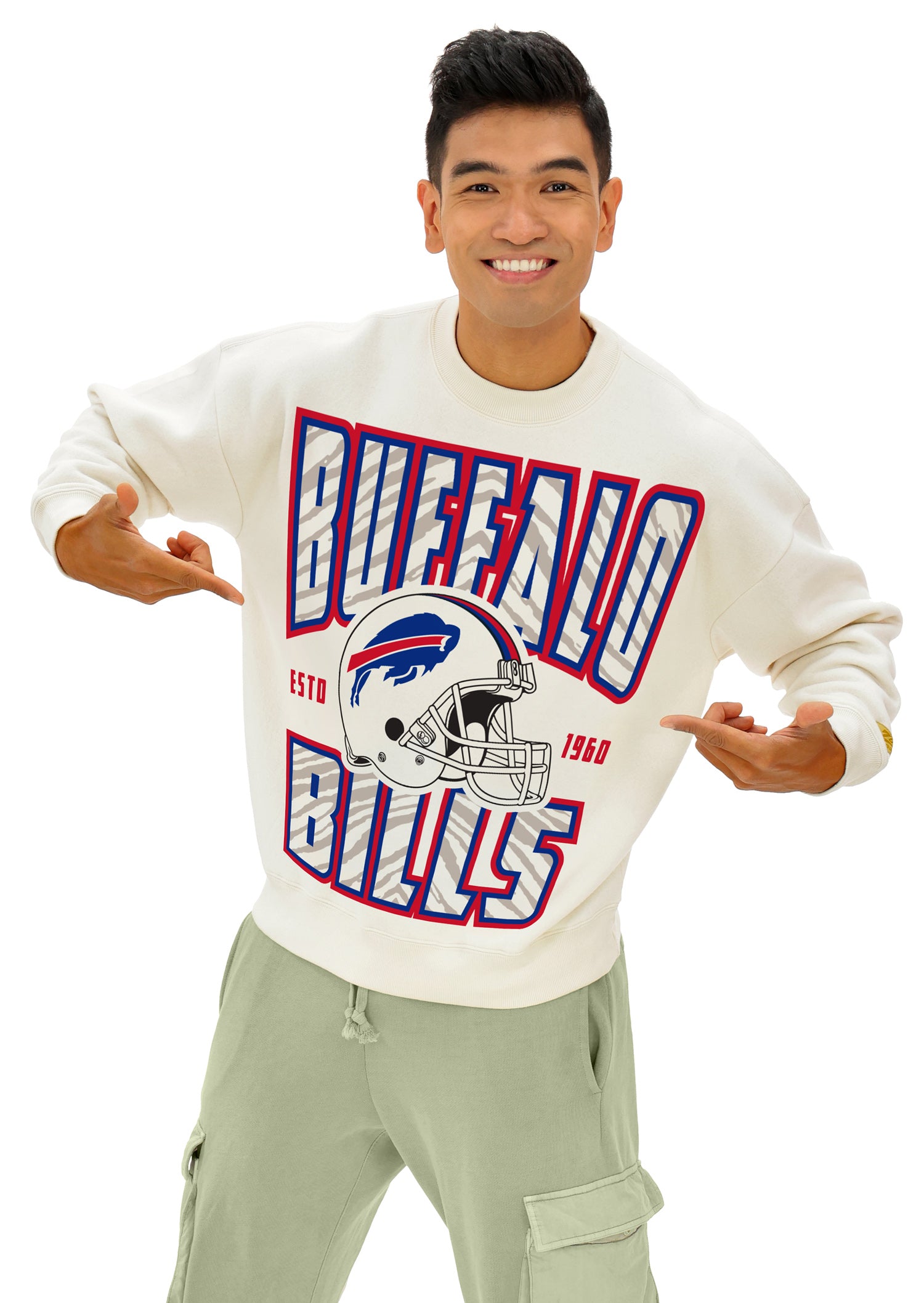 Zubaz NFL UNISEX 90s Helmet Drop Shoulder Crewneck -Off White, BUFFALO BILLS