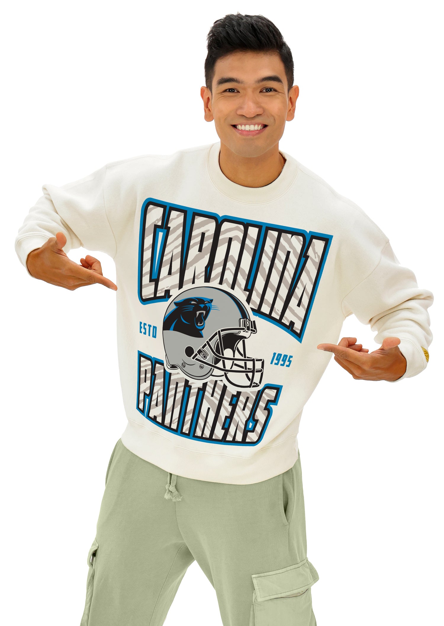 Zubaz NFL UNISEX 90s Helmet Drop Shoulder Crewneck -Off White, CAROLINA PANTHERS