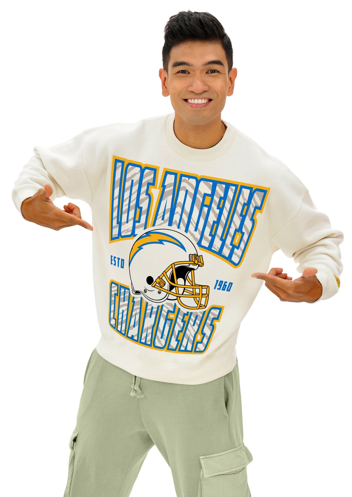 Zubaz NFL UNISEX 90s Helmet Drop Shoulder Crewneck -Off White, LOS ANGELES CHARGERS