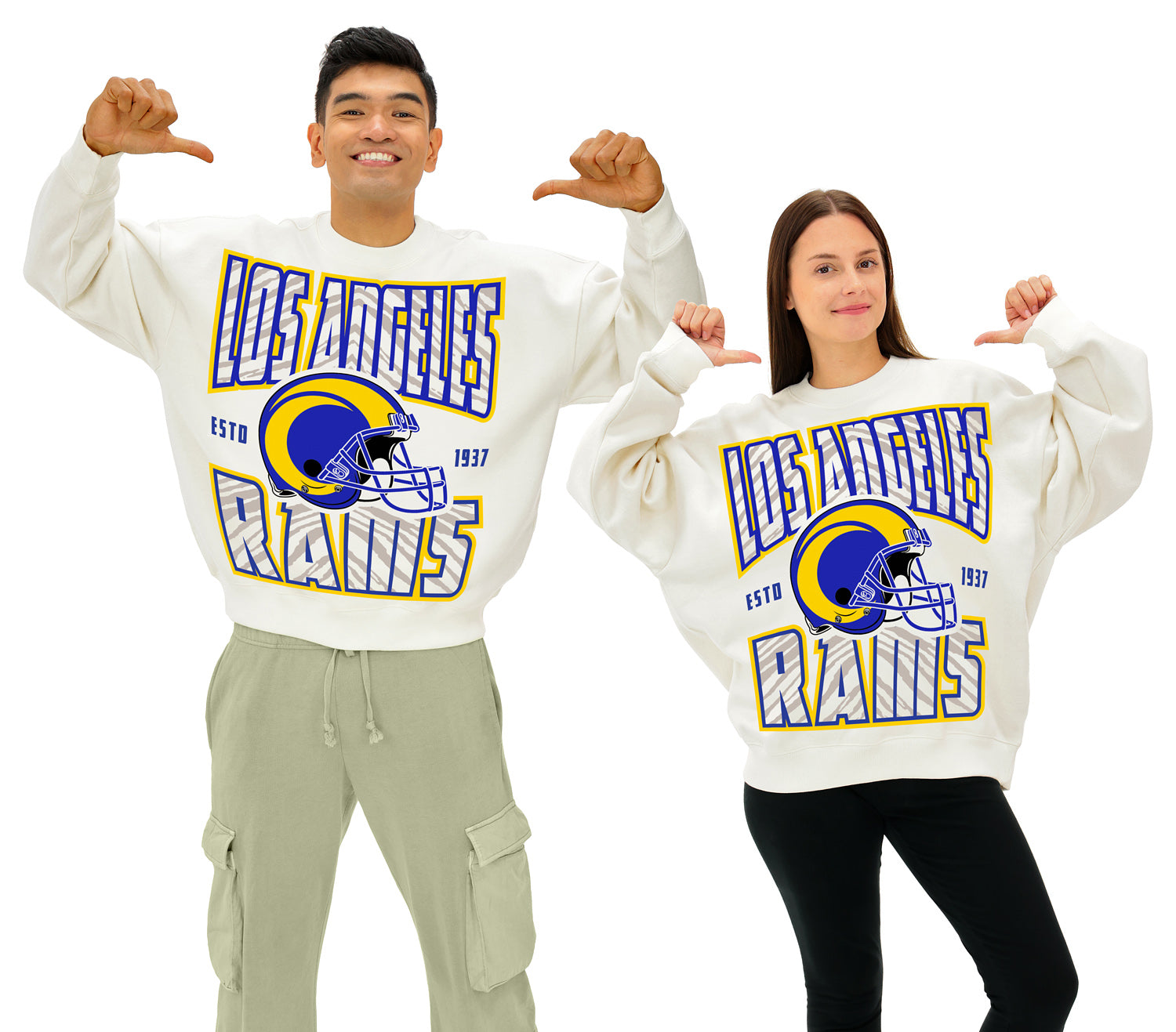 Zubaz NFL UNISEX 90s Helmet Drop Shoulder Crewneck -Off White, LOS ANGELES RAMS