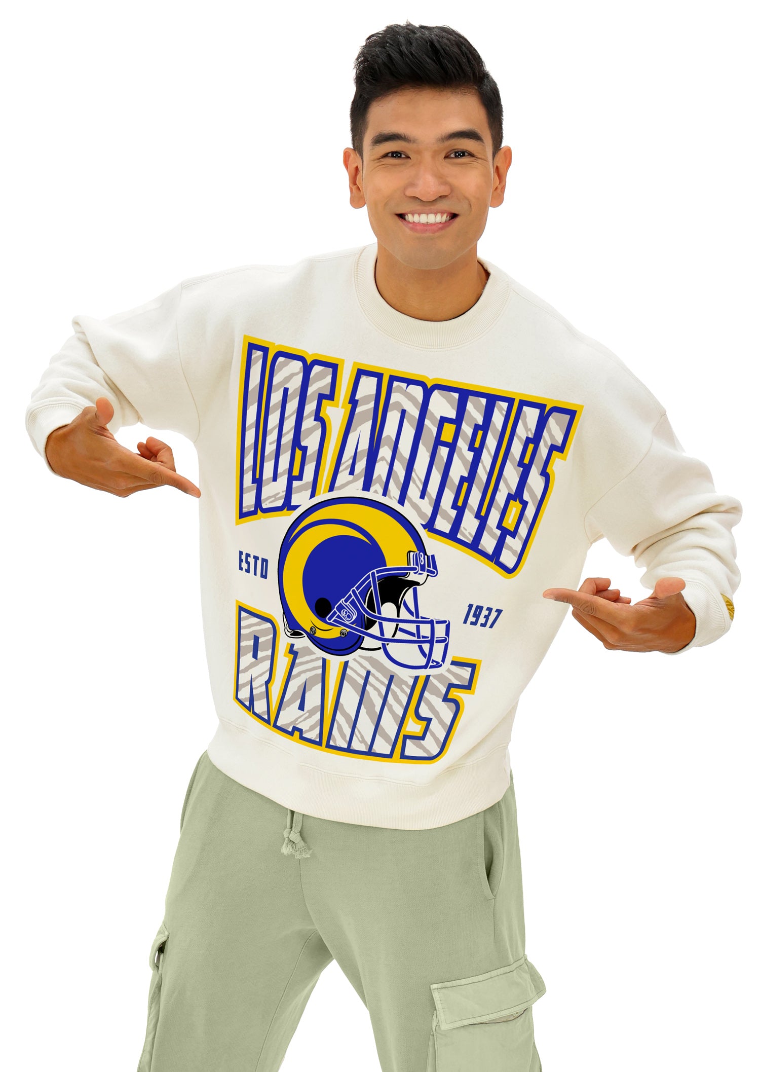 Zubaz NFL UNISEX 90s Helmet Drop Shoulder Crewneck -Off White, LOS ANGELES RAMS