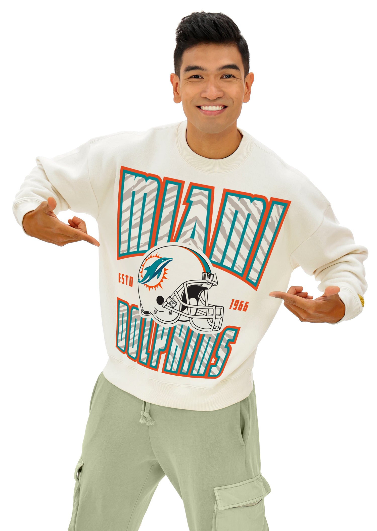 Zubaz NFL UNISEX 90s Helmet Drop Shoulder Crewneck -Off White, MIAMI DOLPHINS - Official NFL Dolphins Zubaz Apparel (2 of 12