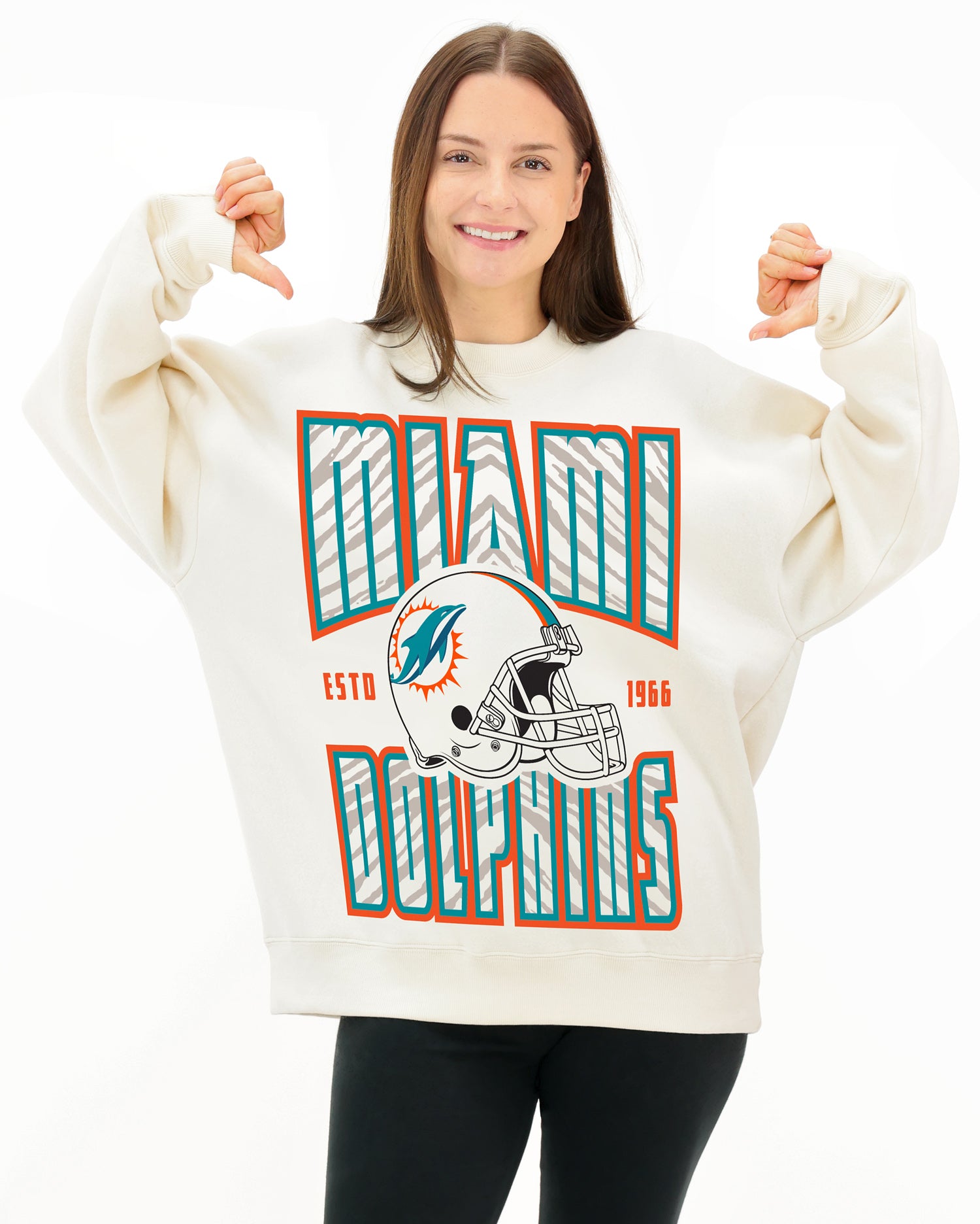 Zubaz NFL UNISEX 90s Helmet Drop Shoulder Crewneck -Off White, MIAMI DOLPHINS