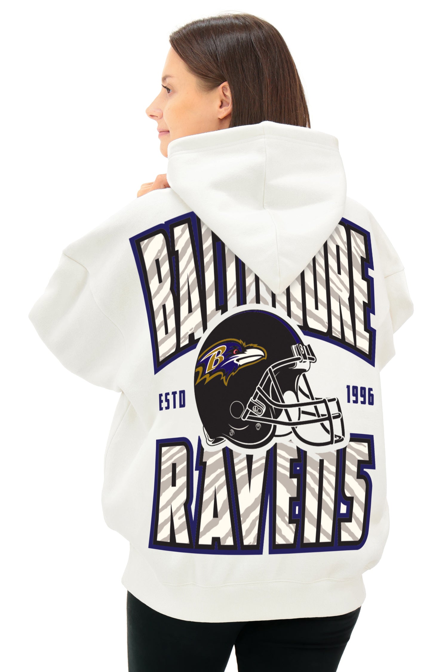 Zubaz NFL UNISEX 90s Helmet Drop Shoulder Hoodies-Off White, BALTIMORE RAVENS
