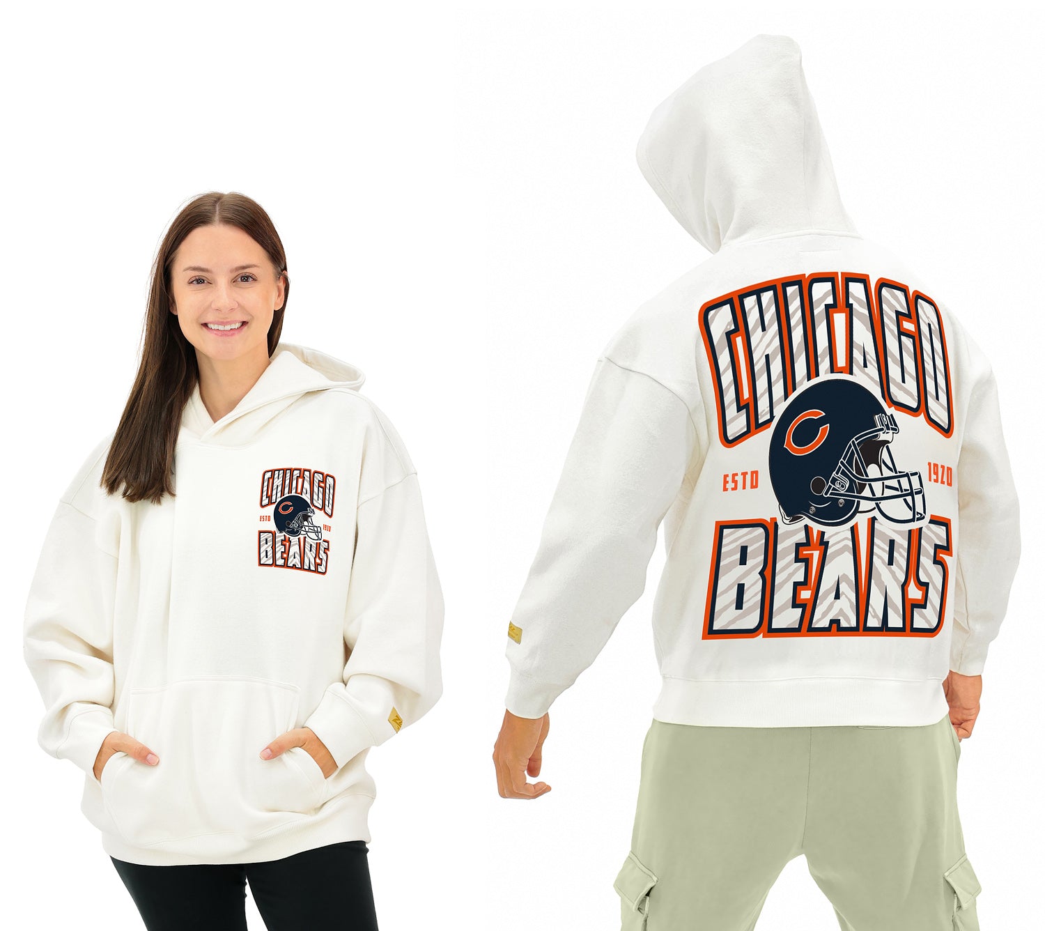 Zubaz NFL UNISEX 90s Helmet Drop Shoulder Hoodies-Off White, CHICAGO BEARS