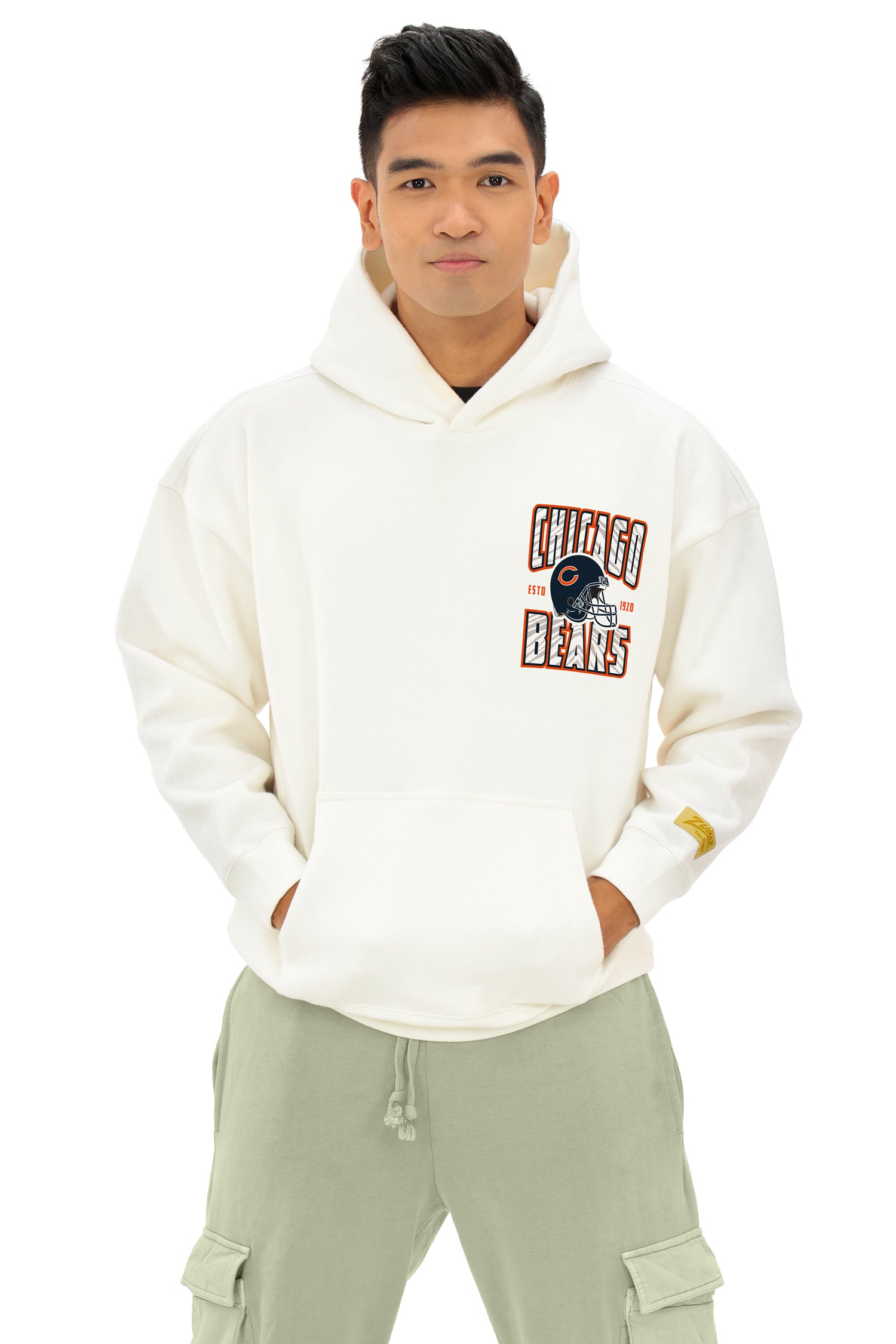 Zubaz NFL UNISEX 90s Helmet Drop Shoulder Hoodies-Off White, CHICAGO BEARS