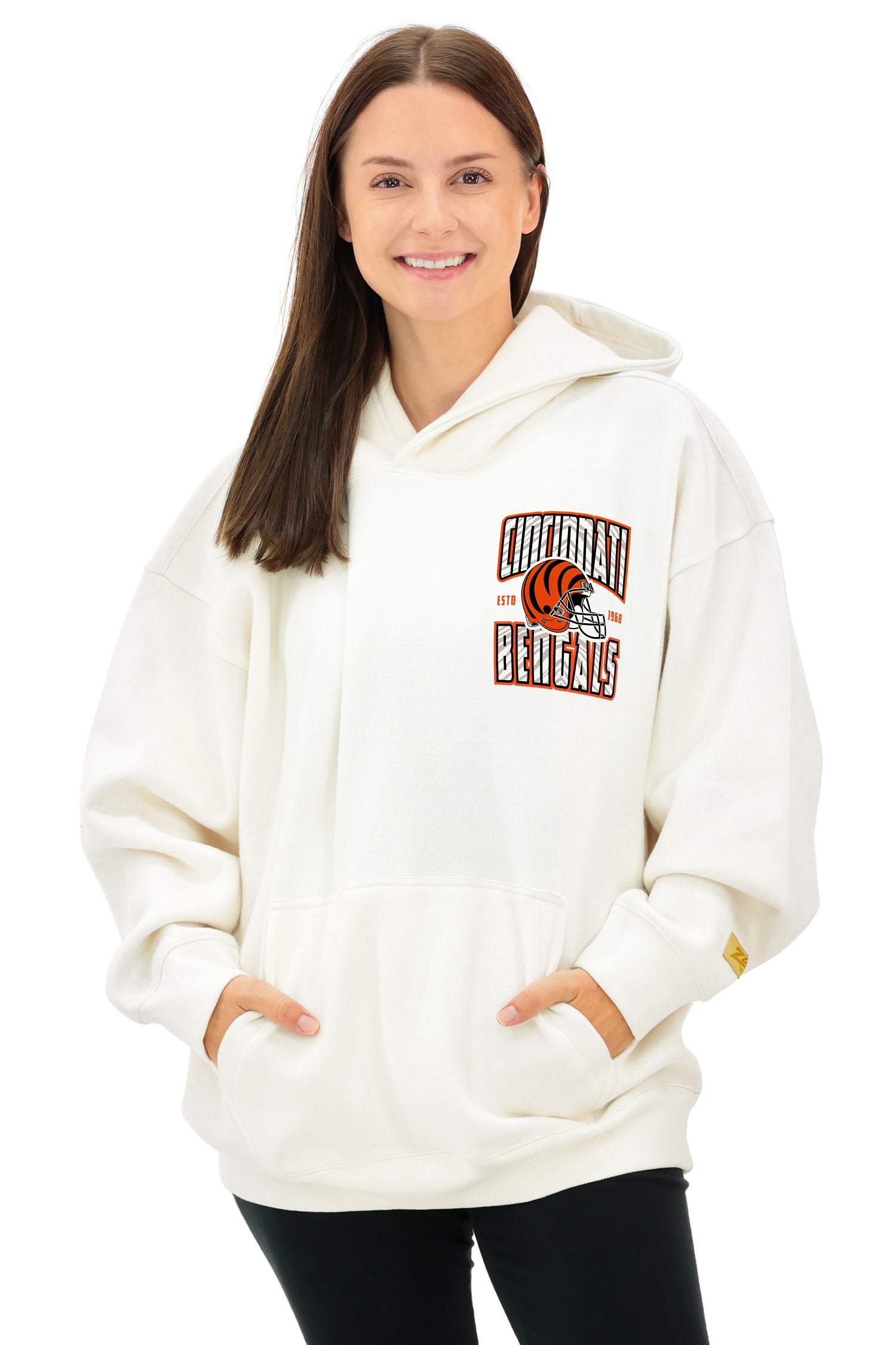 Zubaz NFL UNISEX 90s Helmet Drop Shoulder Hoodies-Off White, CINCINNATI BENGALS - Official NFL Bengals Zubaz Apparel (2 of 1