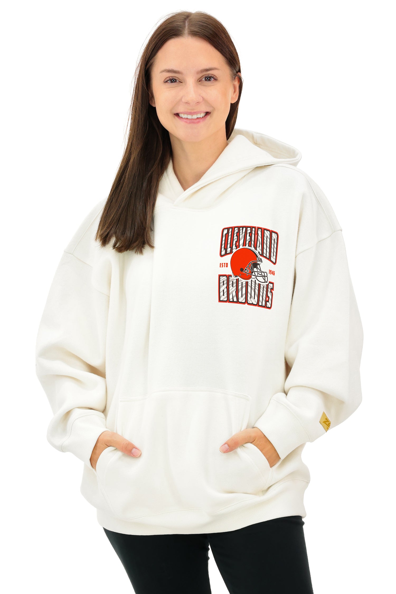 Zubaz NFL UNISEX 90s Helmet Drop Shoulder Hoodies-Off White, CLEVELAND BROWNS