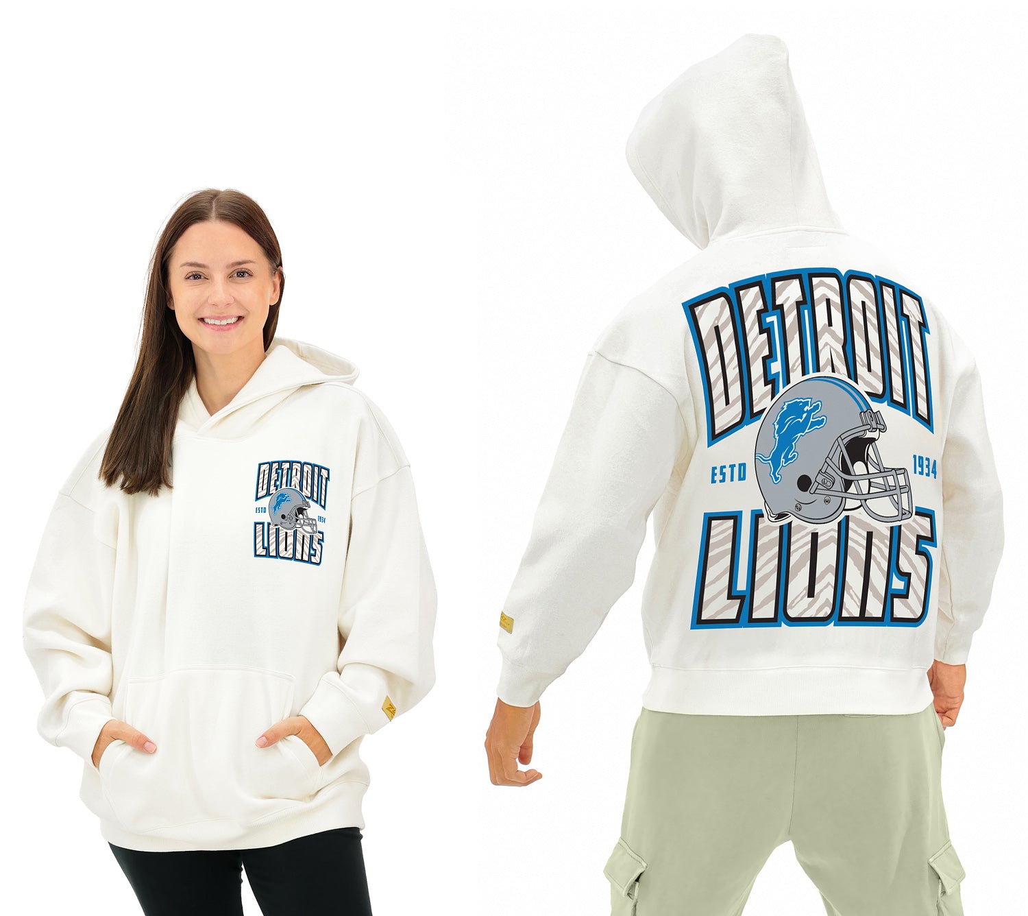 Zubaz NFL UNISEX 90s Helmet Drop Shoulder Hoodies-Off White, DETROIT LIONS