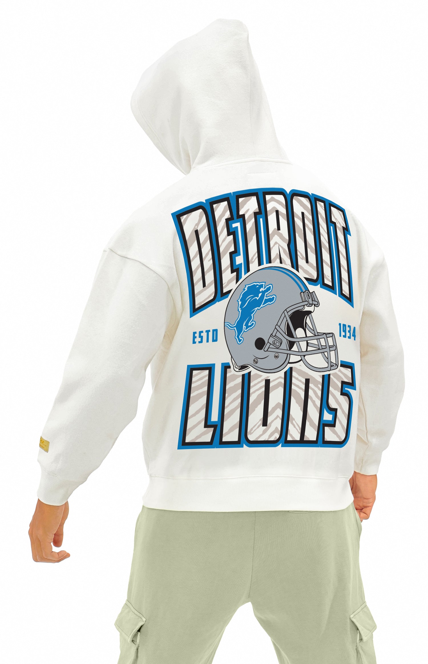 Zubaz NFL UNISEX 90s Helmet Drop Shoulder Hoodies-Off White, DETROIT LIONS