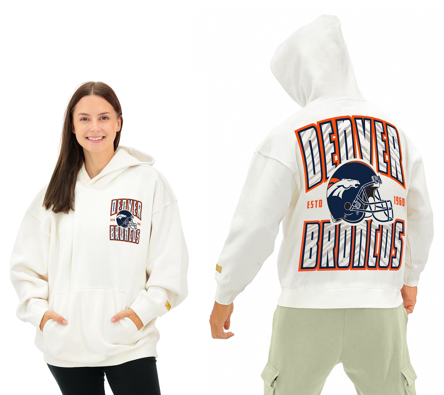 Zubaz NFL UNISEX 90s Helmet Drop Shoulder Hoodies-Off White, DENVER BRONCOS