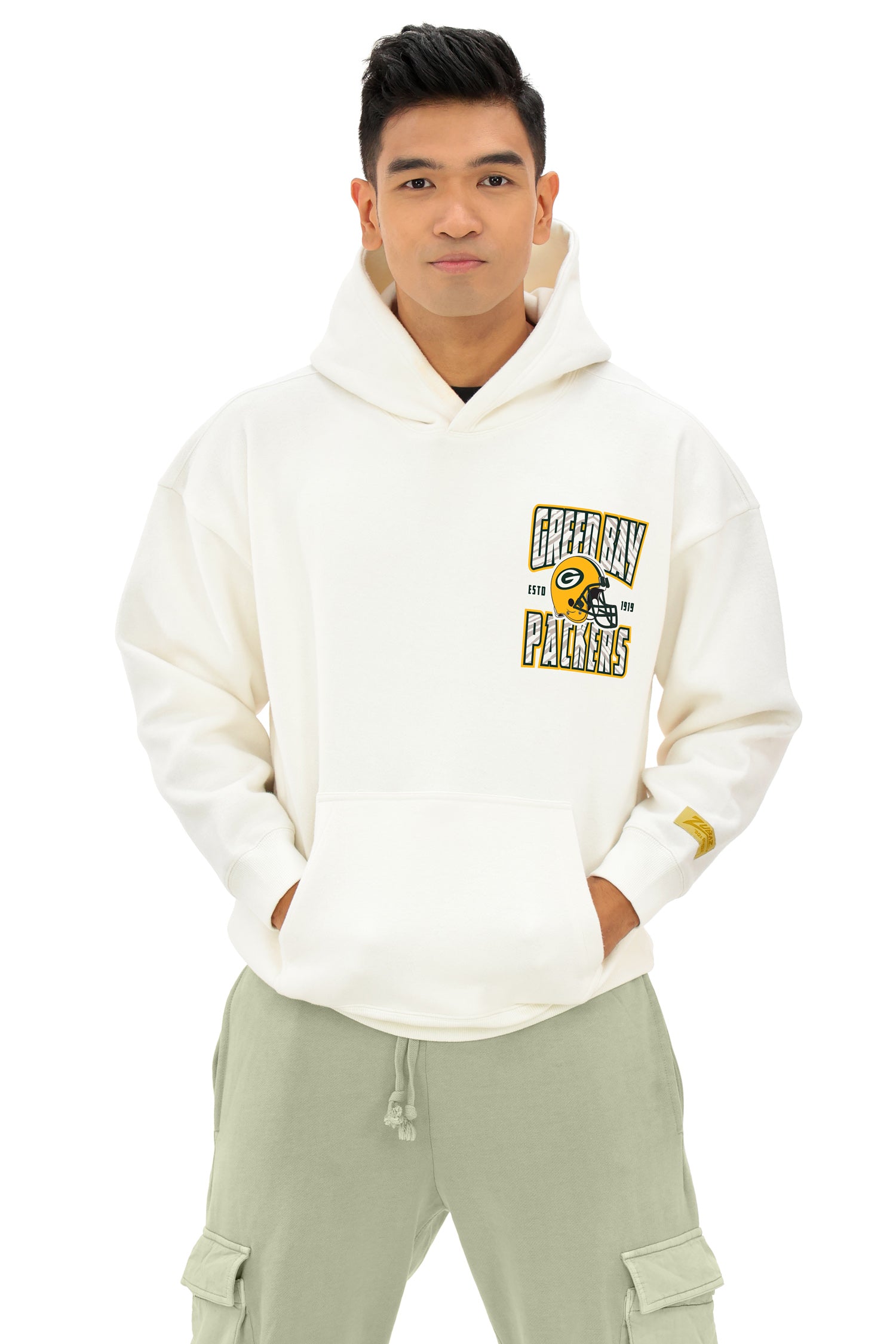 Zubaz NFL UNISEX 90s Helmet Drop Shoulder Hoodies-Off White, GREEN BAY PACKERS