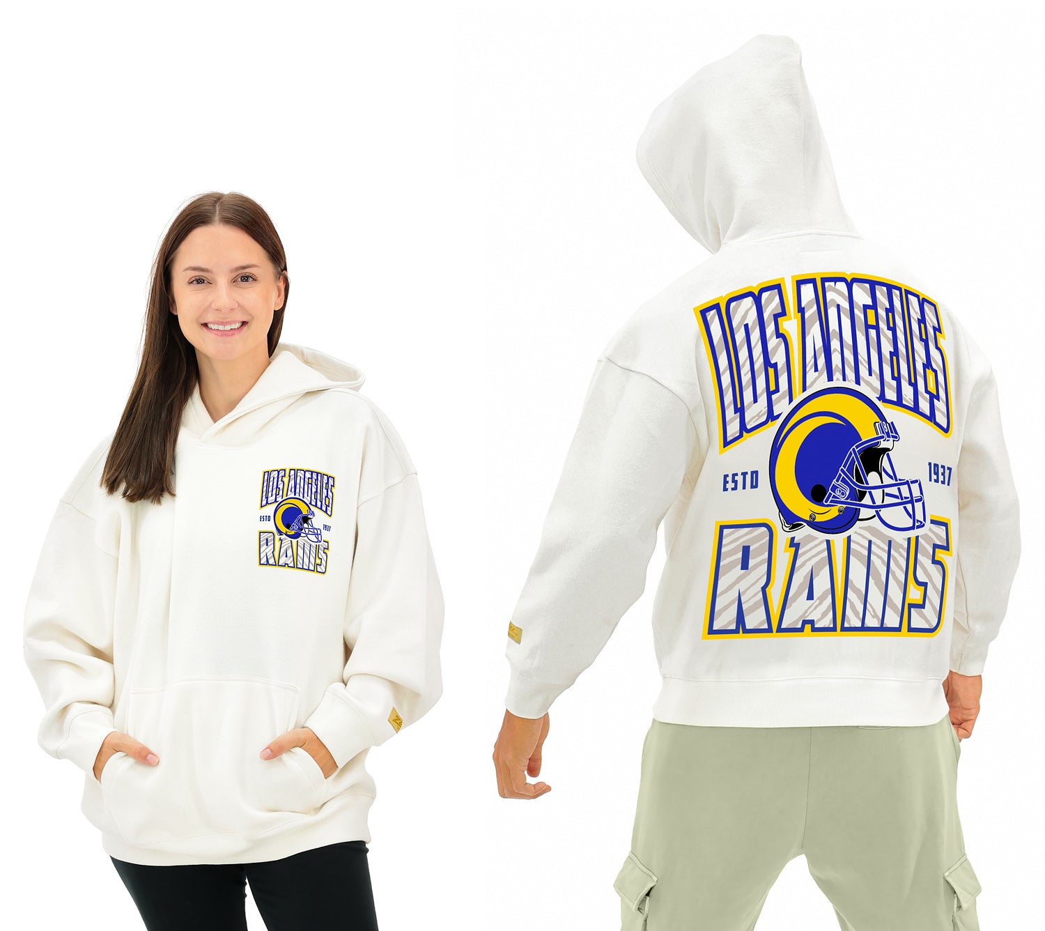 Zubaz NFL UNISEX 90s Helmet Drop Shoulder Hoodies-Off White, LOS ANGELES RAMS