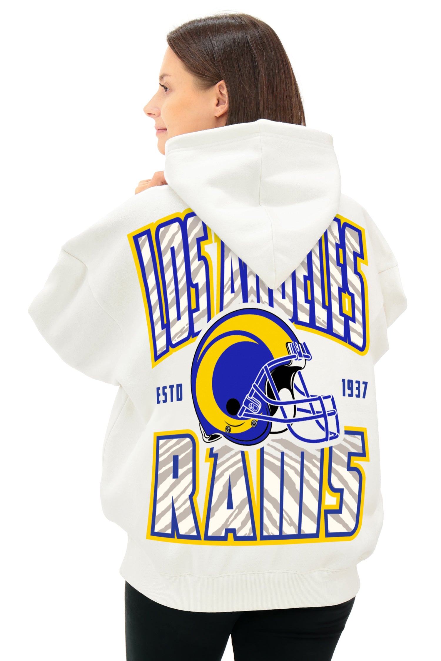 Zubaz NFL UNISEX 90s Helmet Drop Shoulder Hoodies-Off White, LOS ANGELES RAMS