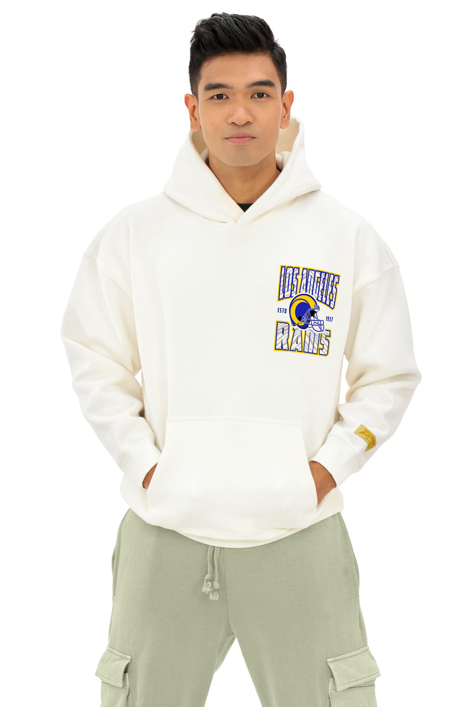 Zubaz NFL UNISEX 90s Helmet Drop Shoulder Hoodies-Off White, LOS ANGELES RAMS