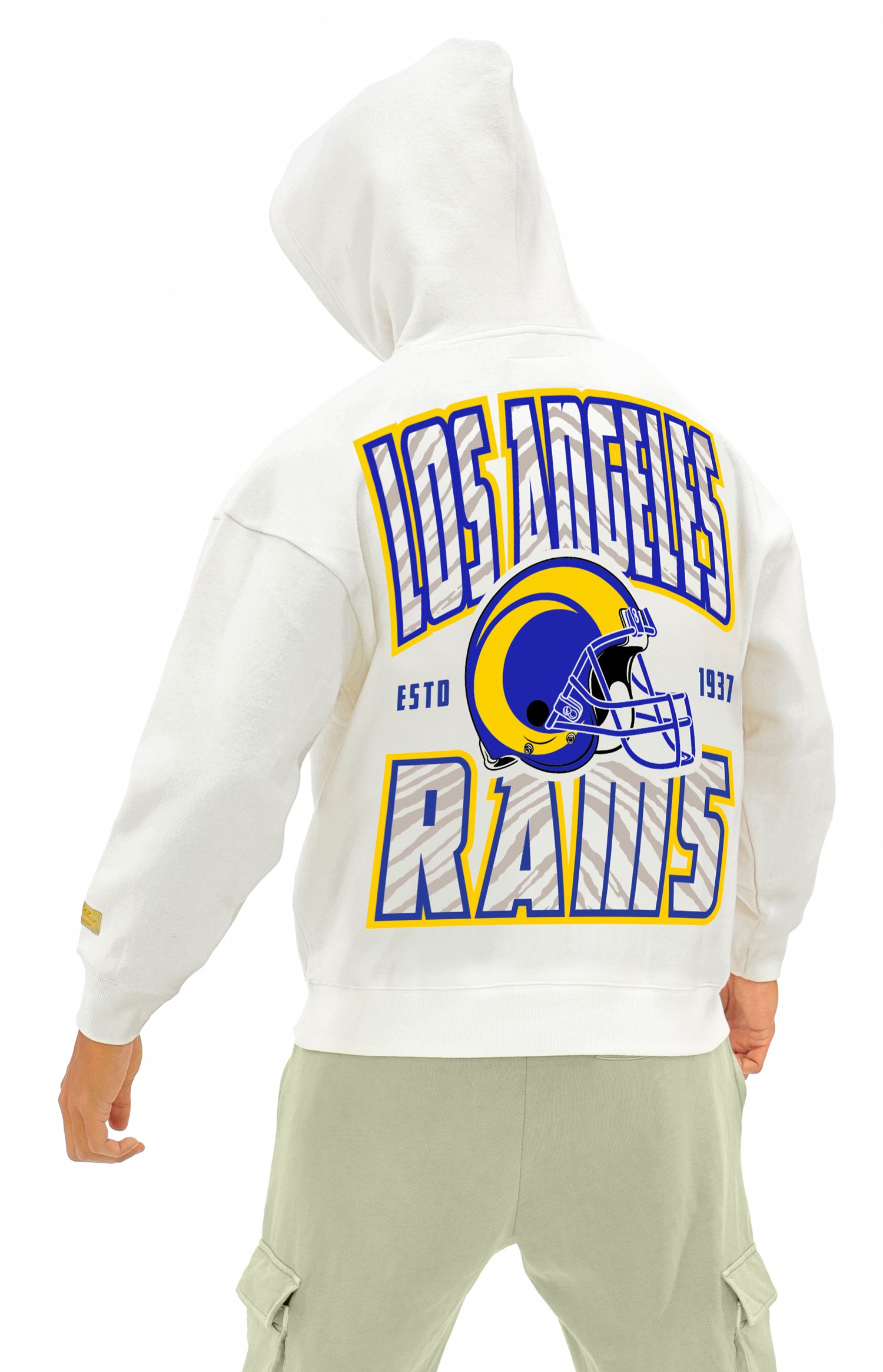 Zubaz NFL UNISEX 90s Helmet Drop Shoulder Hoodies-Off White, LOS ANGELES RAMS