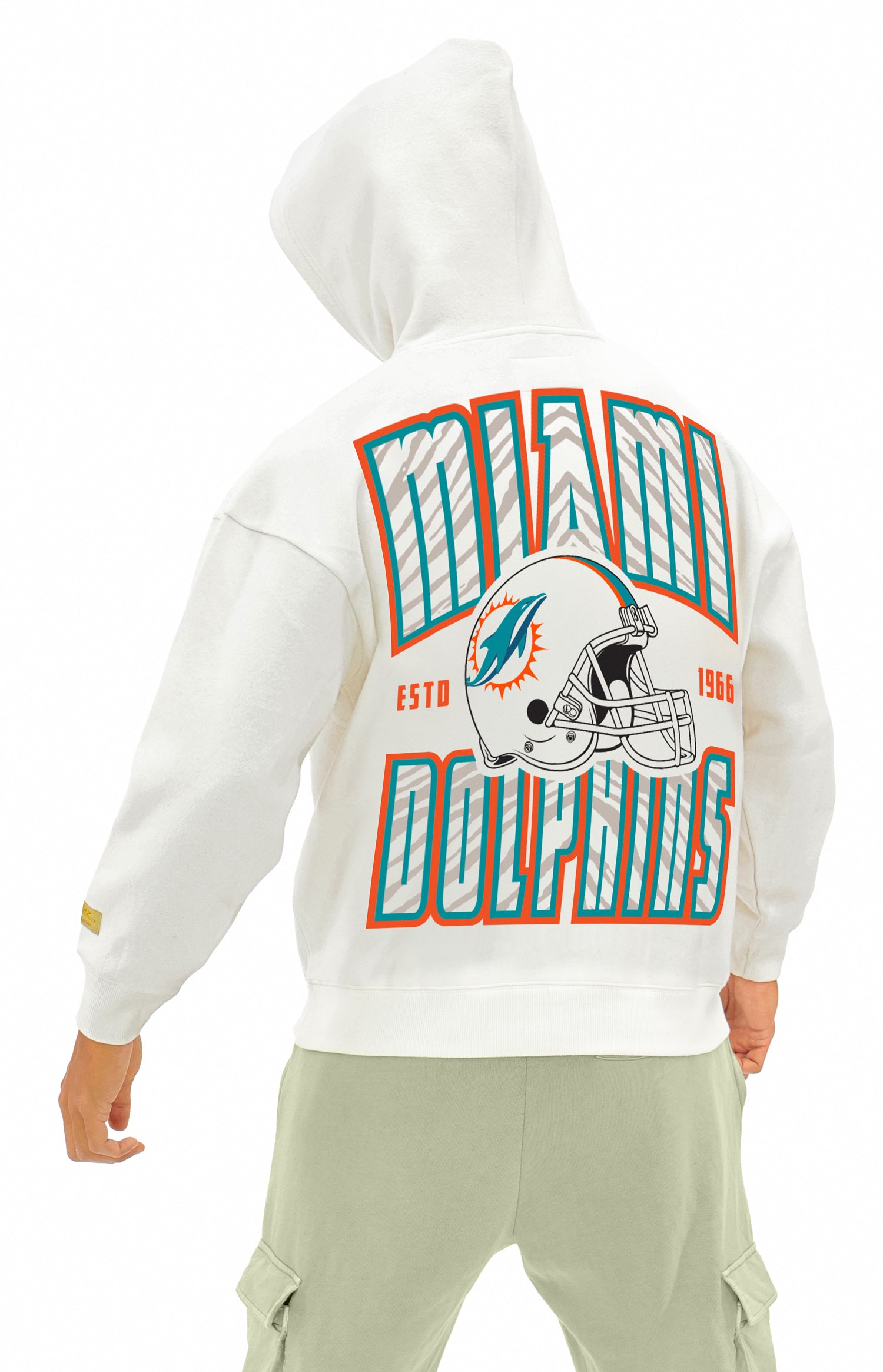 Zubaz NFL UNISEX 90s Helmet Drop Shoulder Hoodies-Off White, MIAMI DOLPHINS
