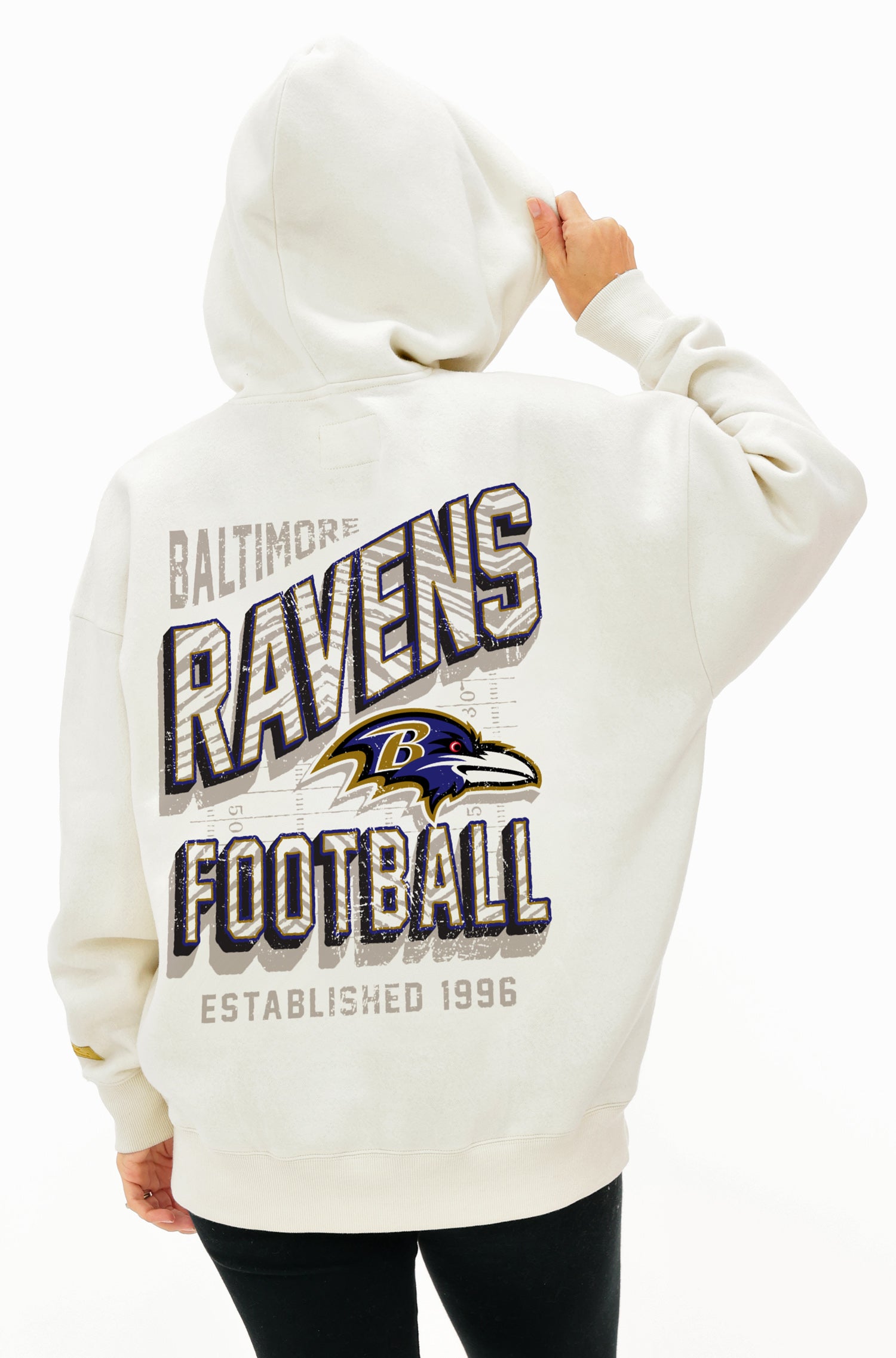 Zubaz NFL UNISEX 90s Vintage Shadow Drop Shoulder Hoodie- Off White, BALTIMORE RAVENS