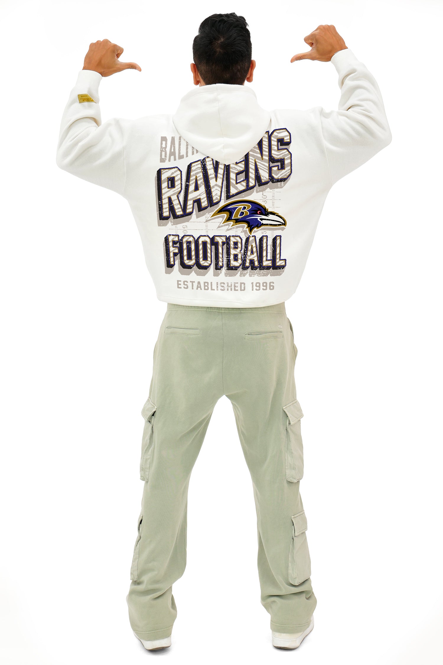Zubaz NFL UNISEX 90s Vintage Shadow Drop Shoulder Hoodie- Off White, BALTIMORE RAVENS