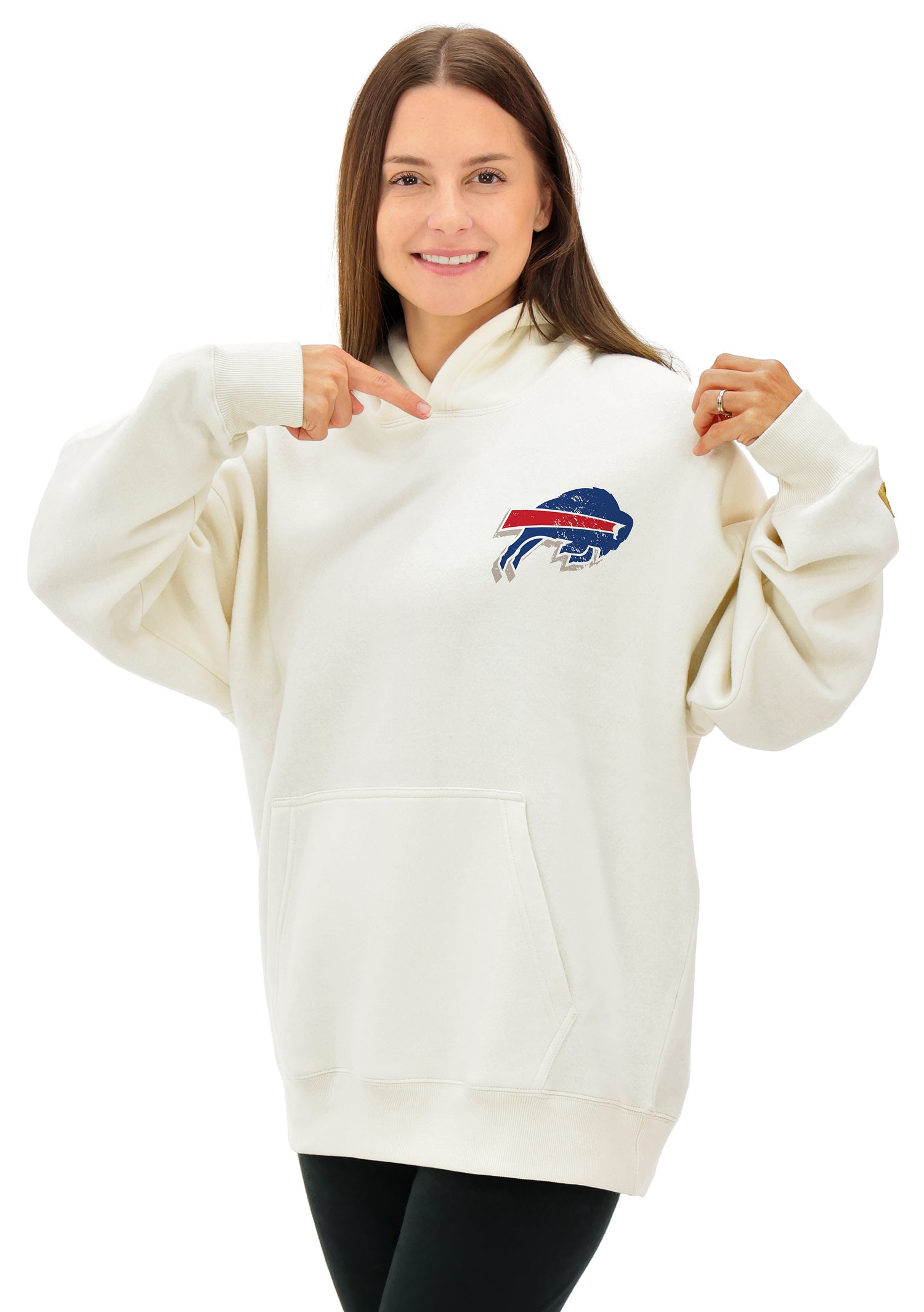Zubaz NFL UNISEX 90s Vintage Shadow Drop Shoulder Hoodie- Off White, BUFFALO BILLS