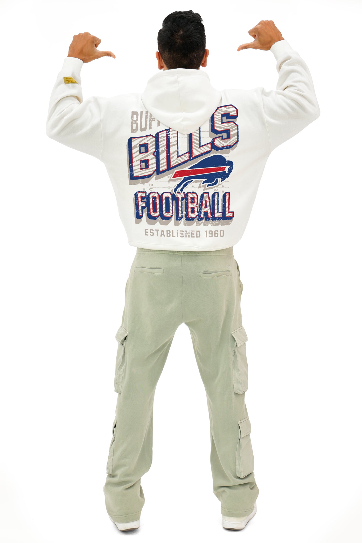 Zubaz NFL UNISEX 90s Vintage First Down Drop Shoulder Hoodie- Off White, BUFFALO BILLS