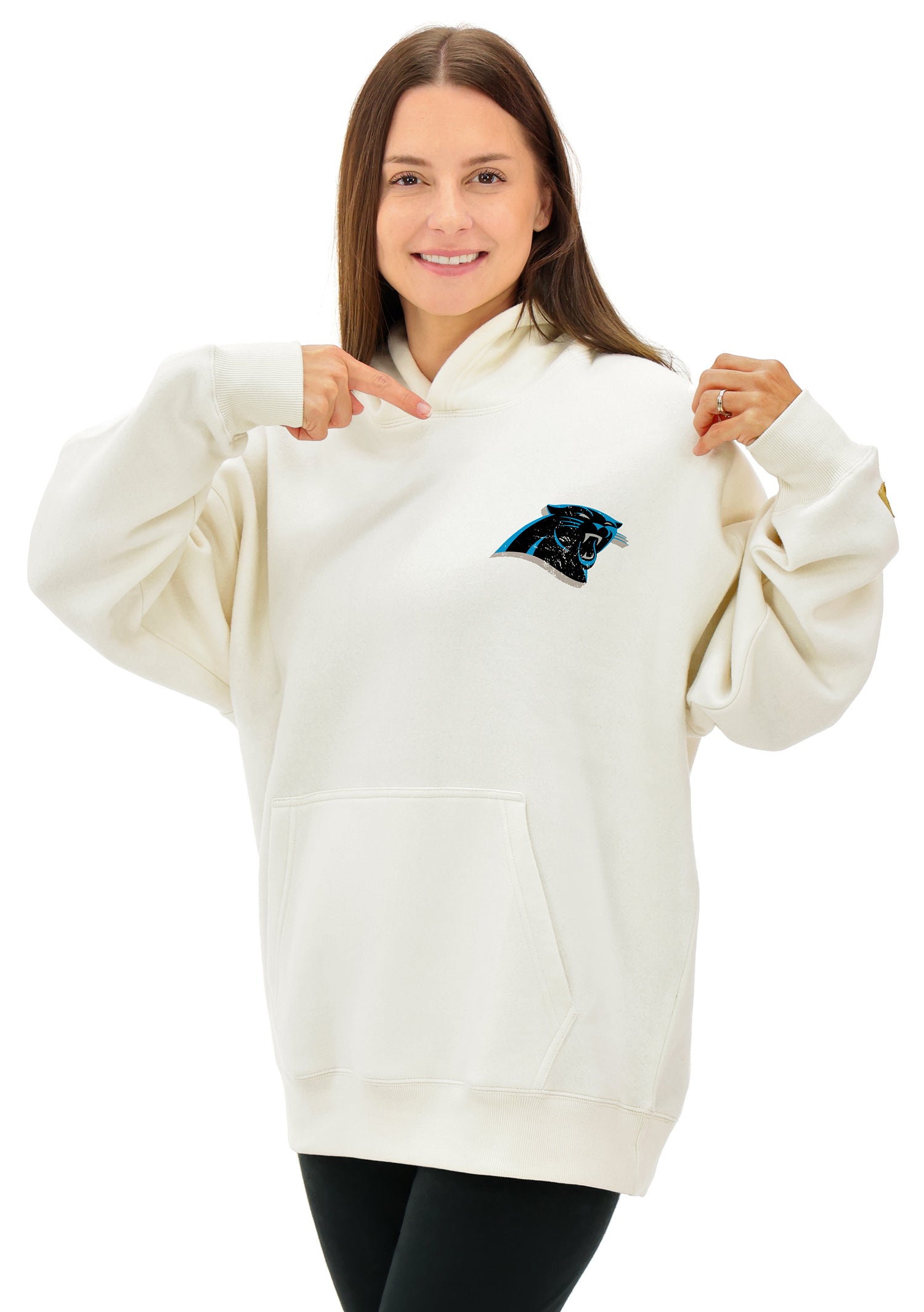 Zubaz NFL UNISEX 90s Vintage First Down Drop Shoulder Hoodie- Off White, CAROLINA PANTHERS - Official NFL Panthers Zubaz App