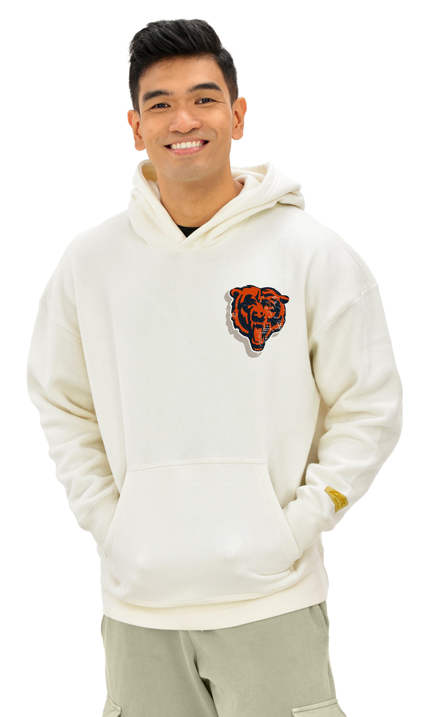Zubaz NFL UNISEX 90s Vintage Shadow Drop Shoulder Hoodie- Off White, CHICAGO BEARS