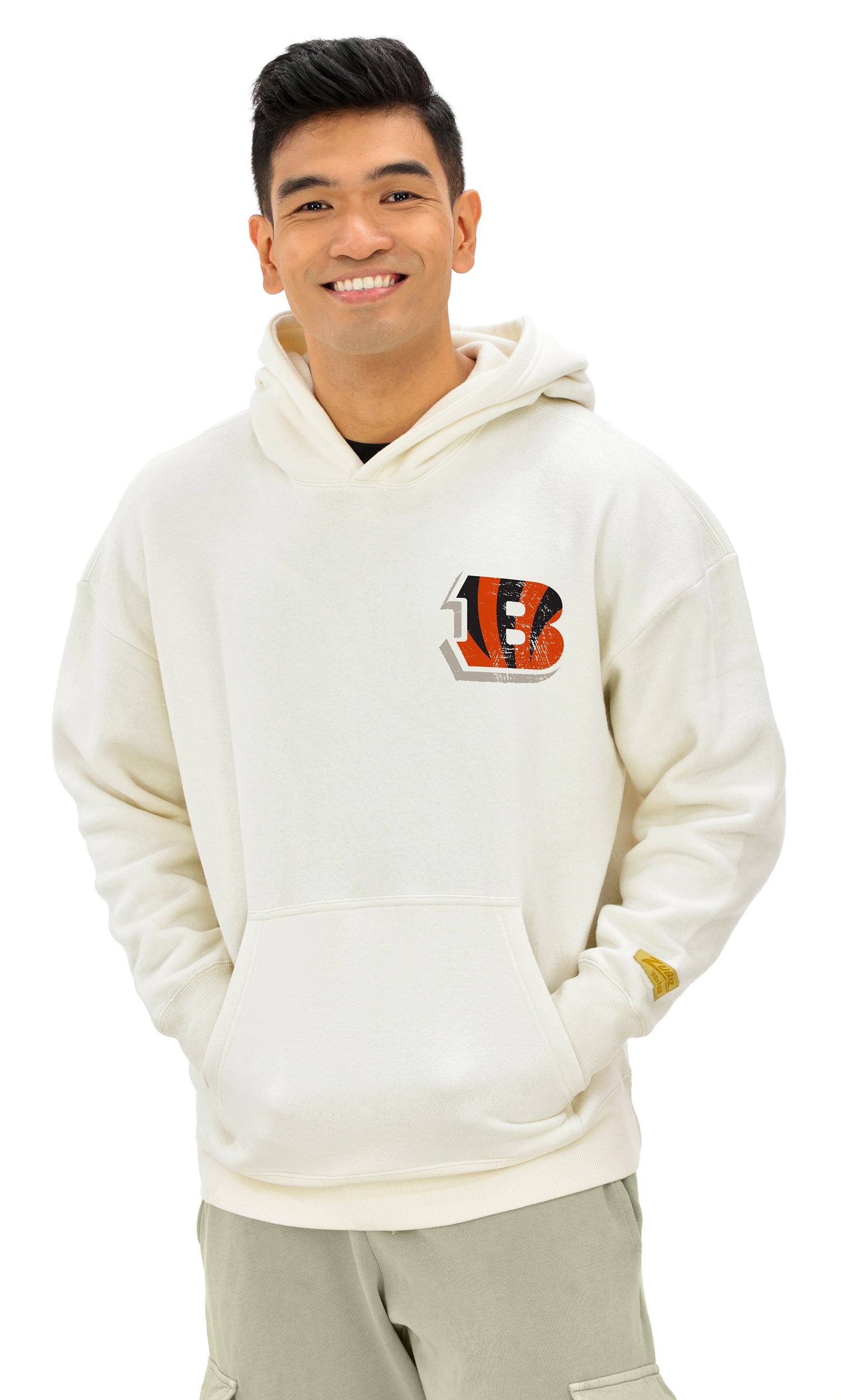 Zubaz NFL UNISEX 90s Vintage Shadow Drop Shoulder Hoodie- Off White, CINCINNATI BENGALS