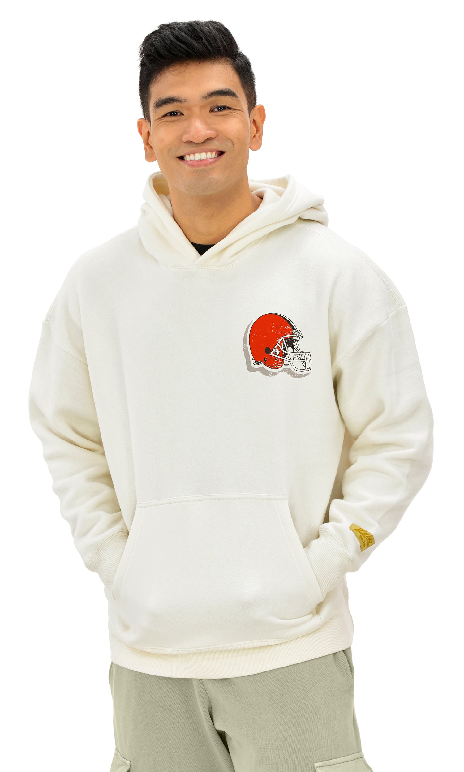 Zubaz NFL UNISEX 90s Vintage First Down Drop Shoulder Hoodie- Off White, CLEVELAND BROWNS