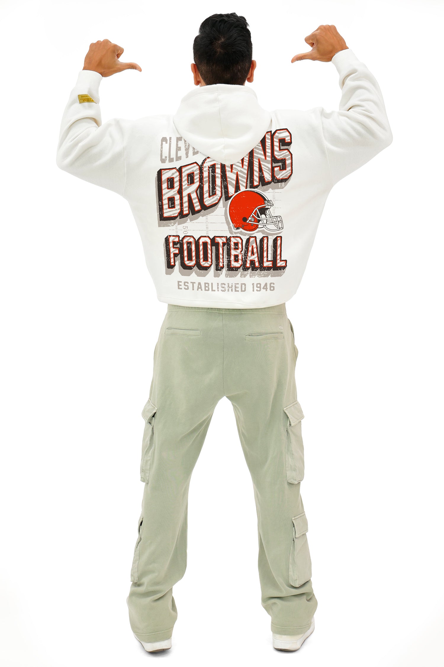 Zubaz NFL UNISEX 90s Vintage First Down Drop Shoulder Hoodie- Off White, CLEVELAND BROWNS