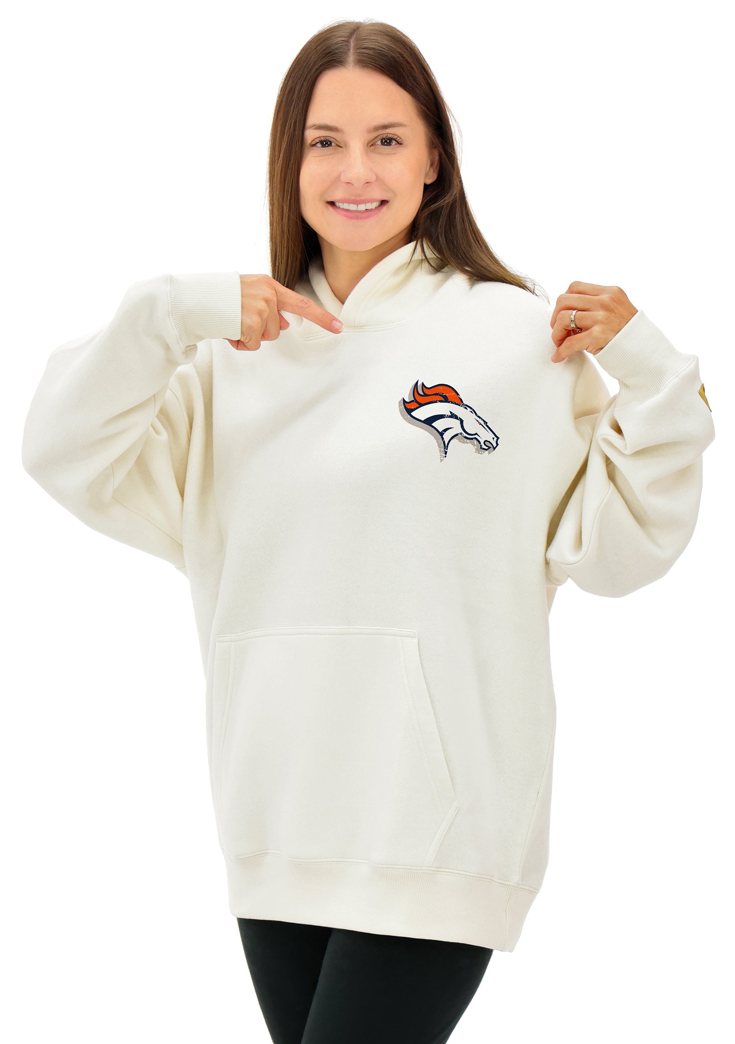 Zubaz NFL UNISEX 90s Vintage Shadow Drop Shoulder Hoodie- Off White, DENVER BRONCOS