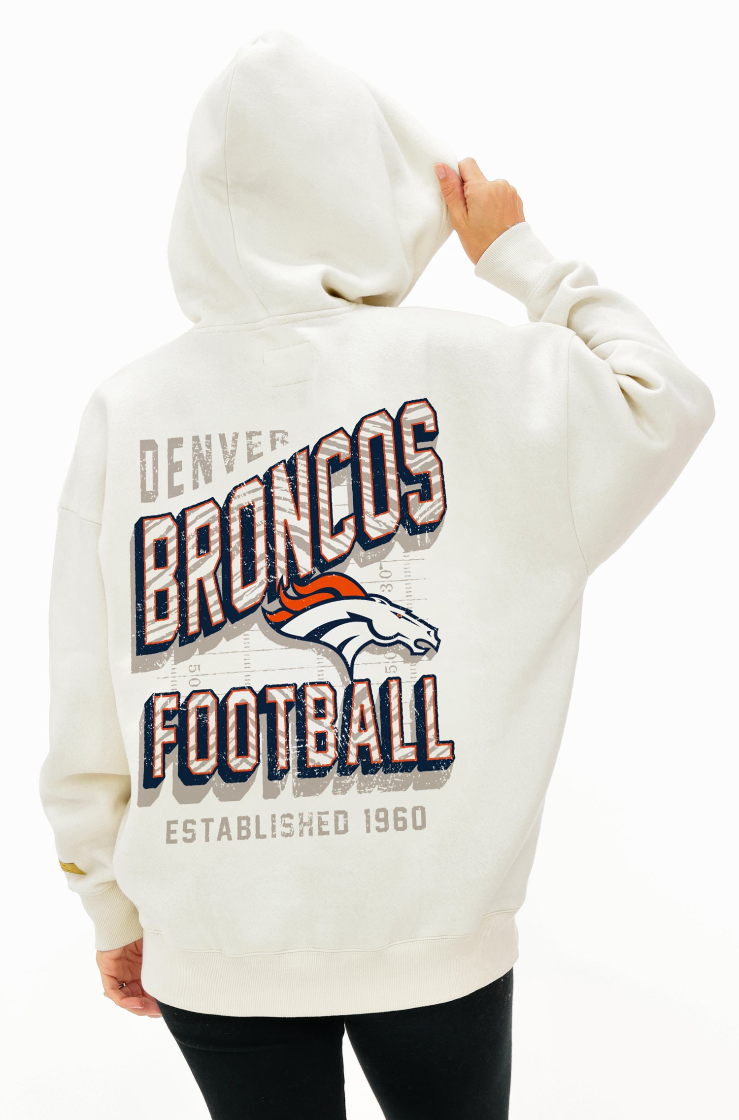 Zubaz NFL UNISEX 90s Vintage Shadow Drop Shoulder Hoodie- Off White, DENVER BRONCOS