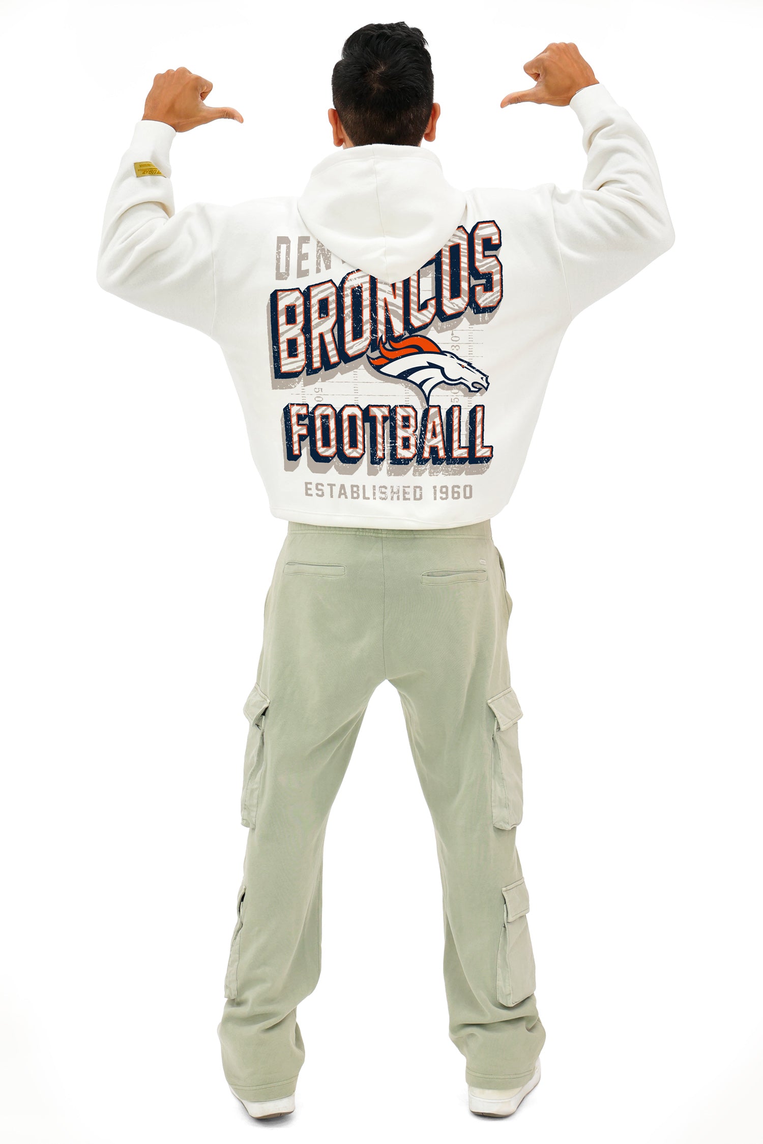 Zubaz NFL UNISEX 90s Vintage First Down Drop Shoulder Hoodie- Off White, DENVER BRONCOS